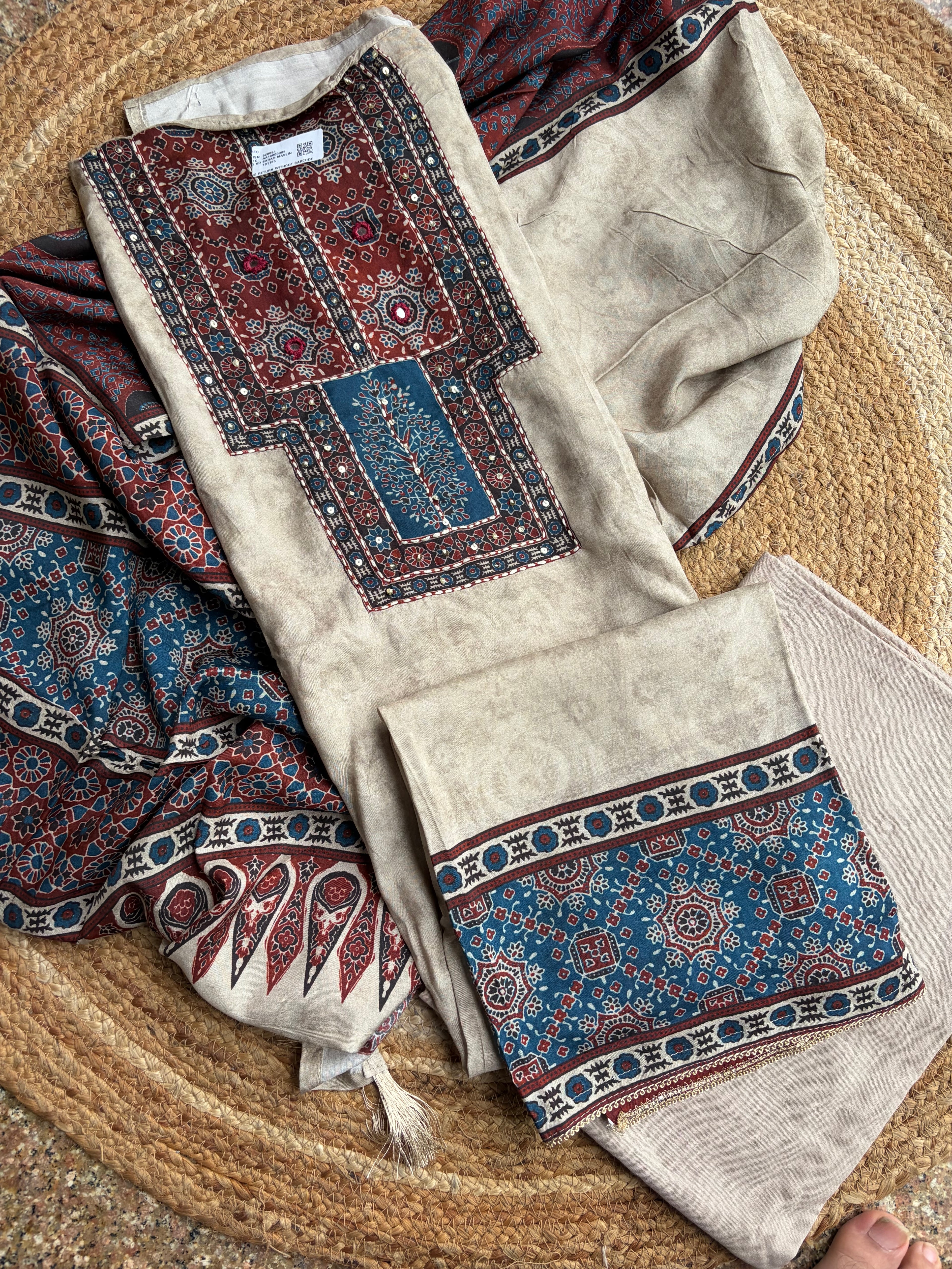 Pure Muslin Cotton Ajrakh Printed Suit Set