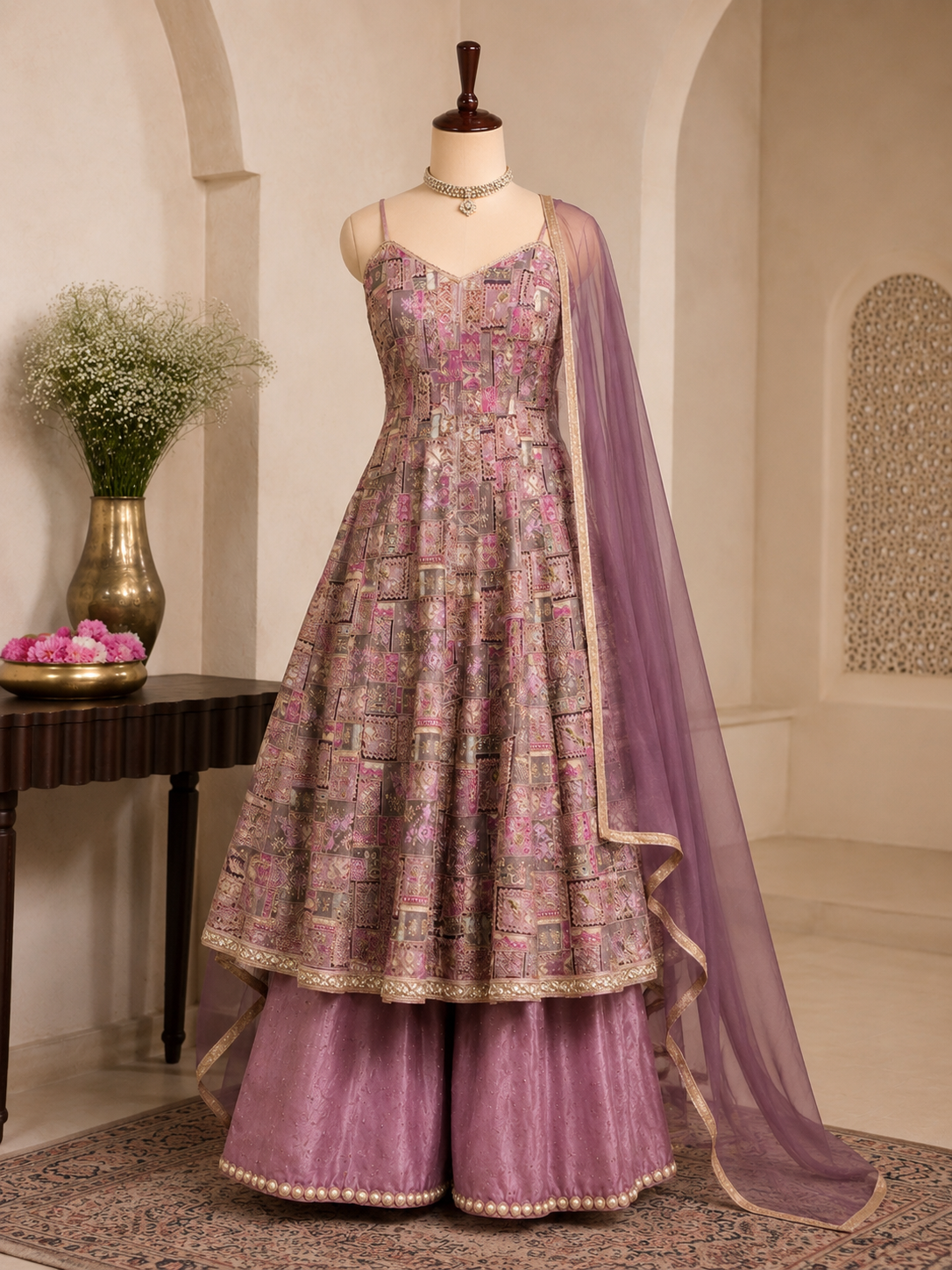 Royal Flared A-Line Anarkali with Crepe Silk Sharara