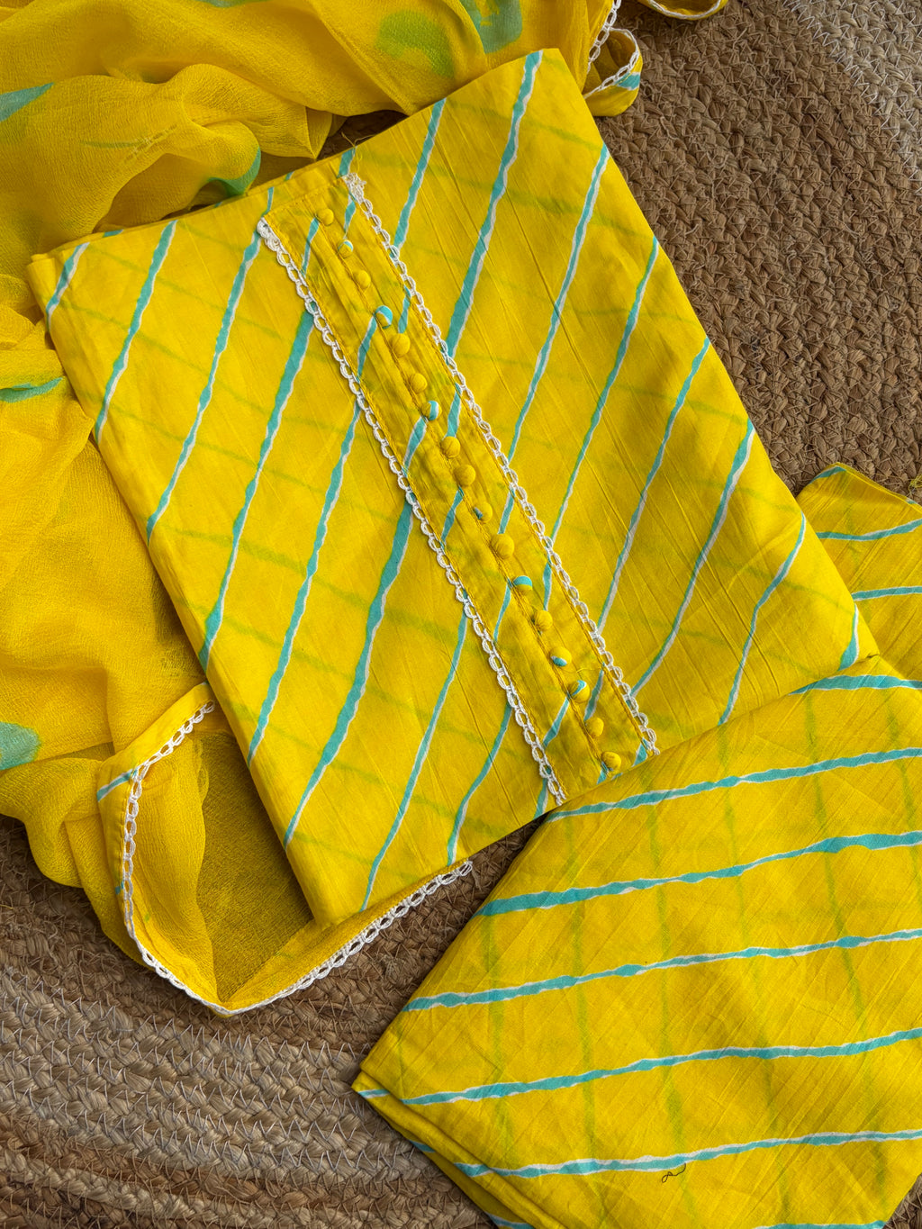 Pure Cotton Leheriya Suit Set with Chiffon Dupatta