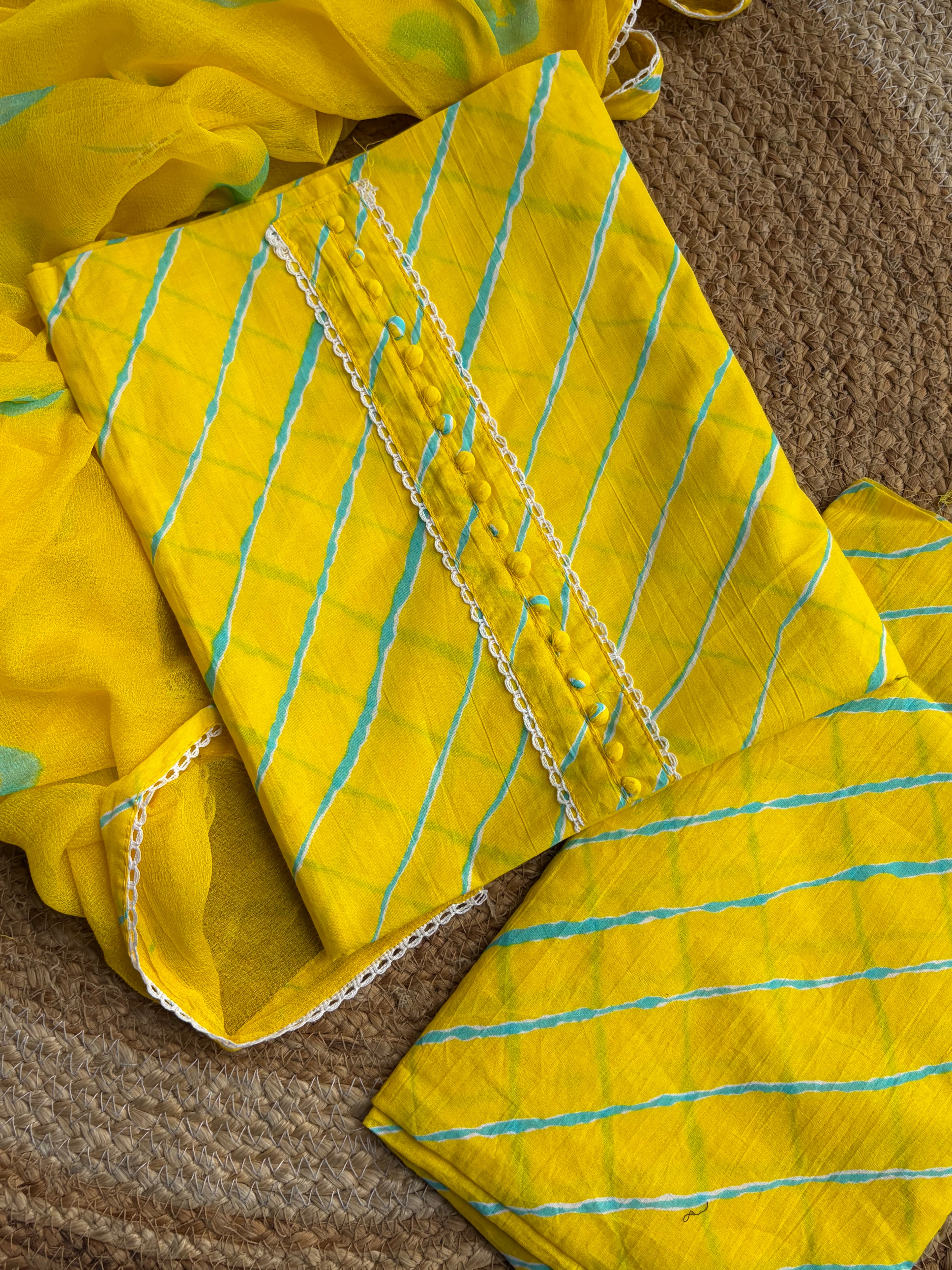 Pure Cotton Leheriya Suit Set with Chiffon Dupatta
