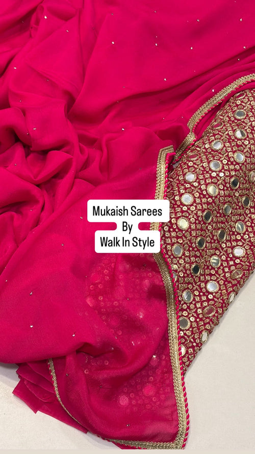 Coral Pink Mukaish Work Saree with Heavy Designer Unstitched Blouse