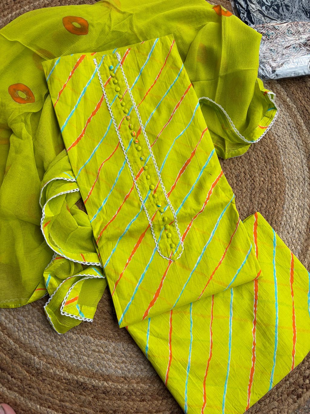 Pure Cotton Leheriya Suit Set with Chiffon Dupatta