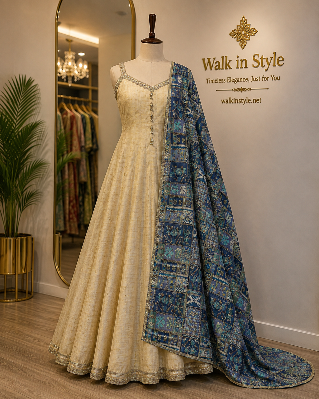 Regal Cream Anarkali with Printed Embroidered Dupatta