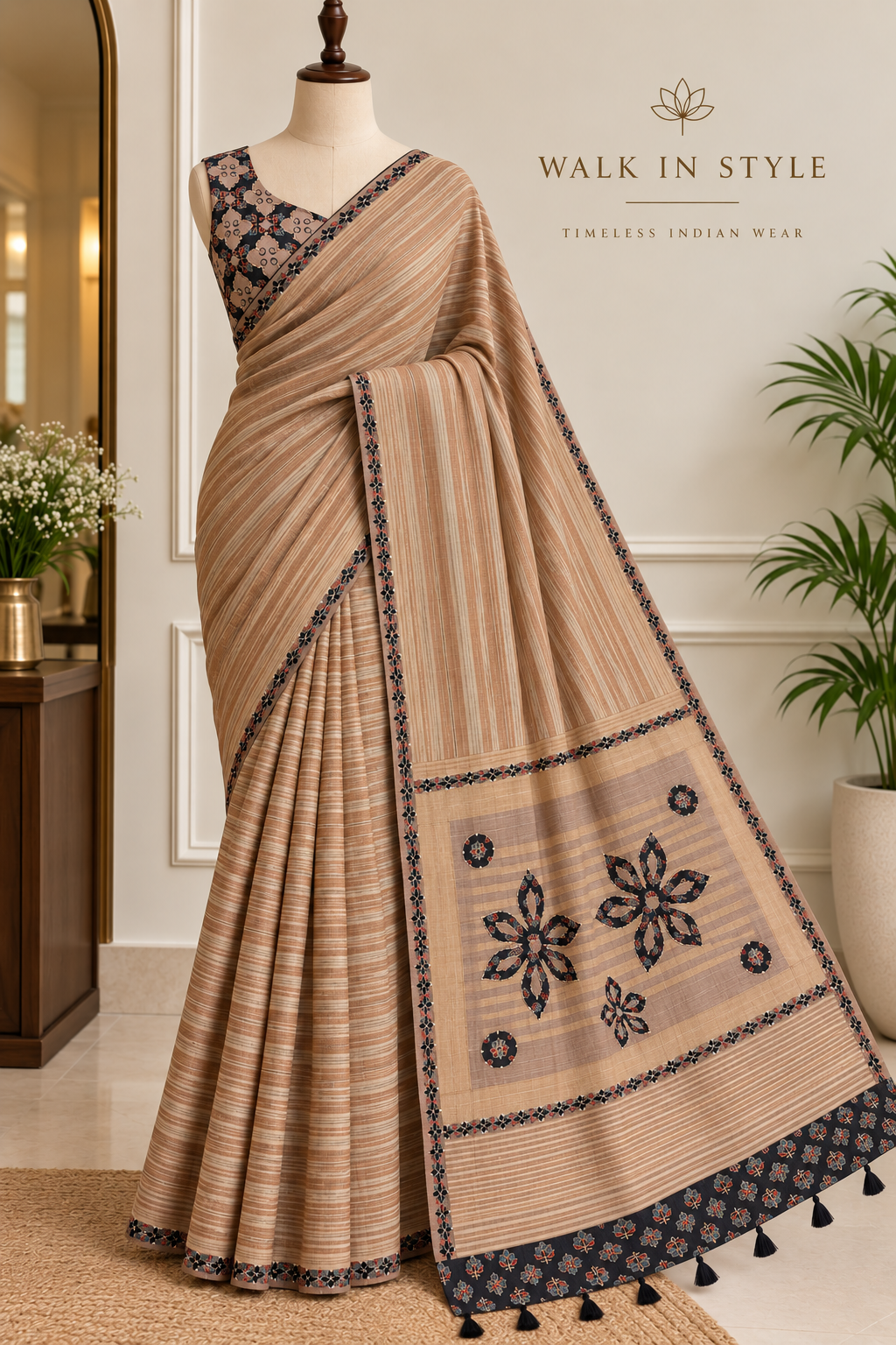 Soft Maheshwari Tussar Saree with Ajrakh Appliqué & Designer Blouse