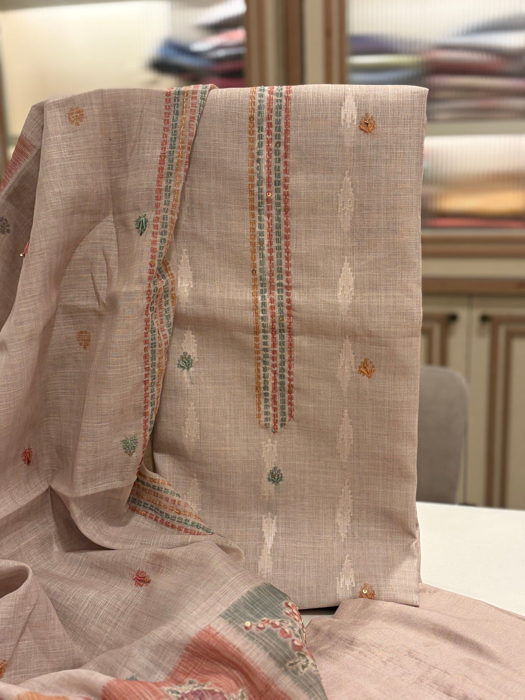 Pure Maheshwari Jamdani Woven Suit Set