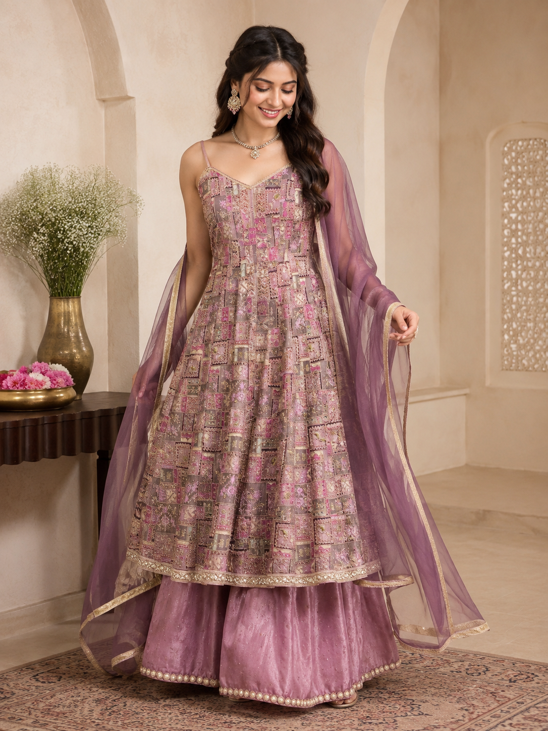 Royal Flared A-Line Anarkali with Crepe Silk Sharara