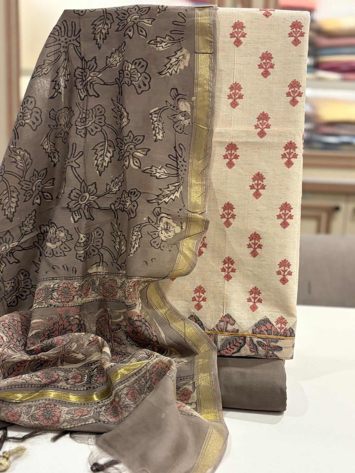Premium Linen Cotton Threadwork Unstitched Suit Set