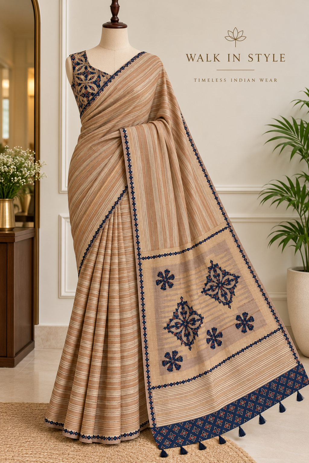 Soft Maheshwari Tussar Saree with Ajrakh Appliqué & Designer Blouse