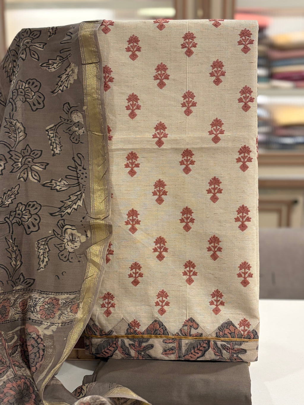 Premium Linen Cotton Threadwork Unstitched Suit Set