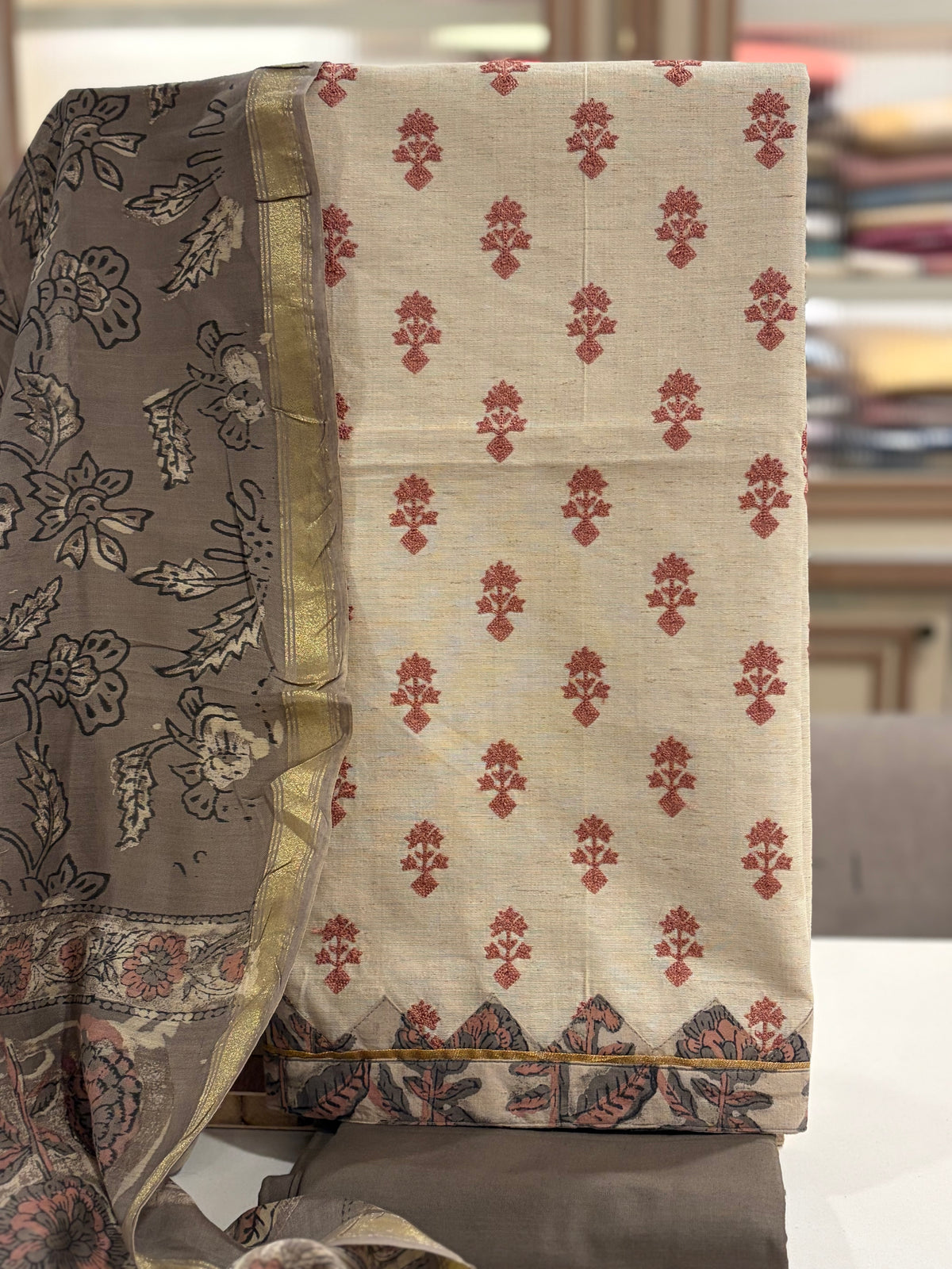 Premium Linen Cotton Threadwork Unstitched Suit Set