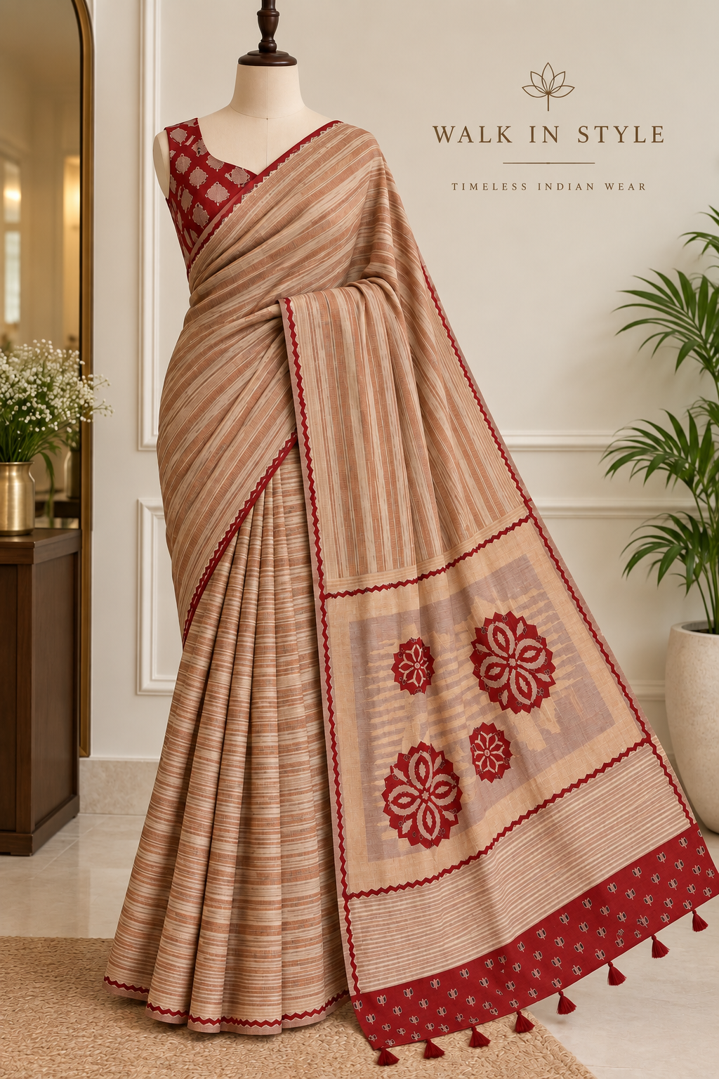 Soft Maheshwari Tussar Saree with Ajrakh Appliqué & Designer Blouse