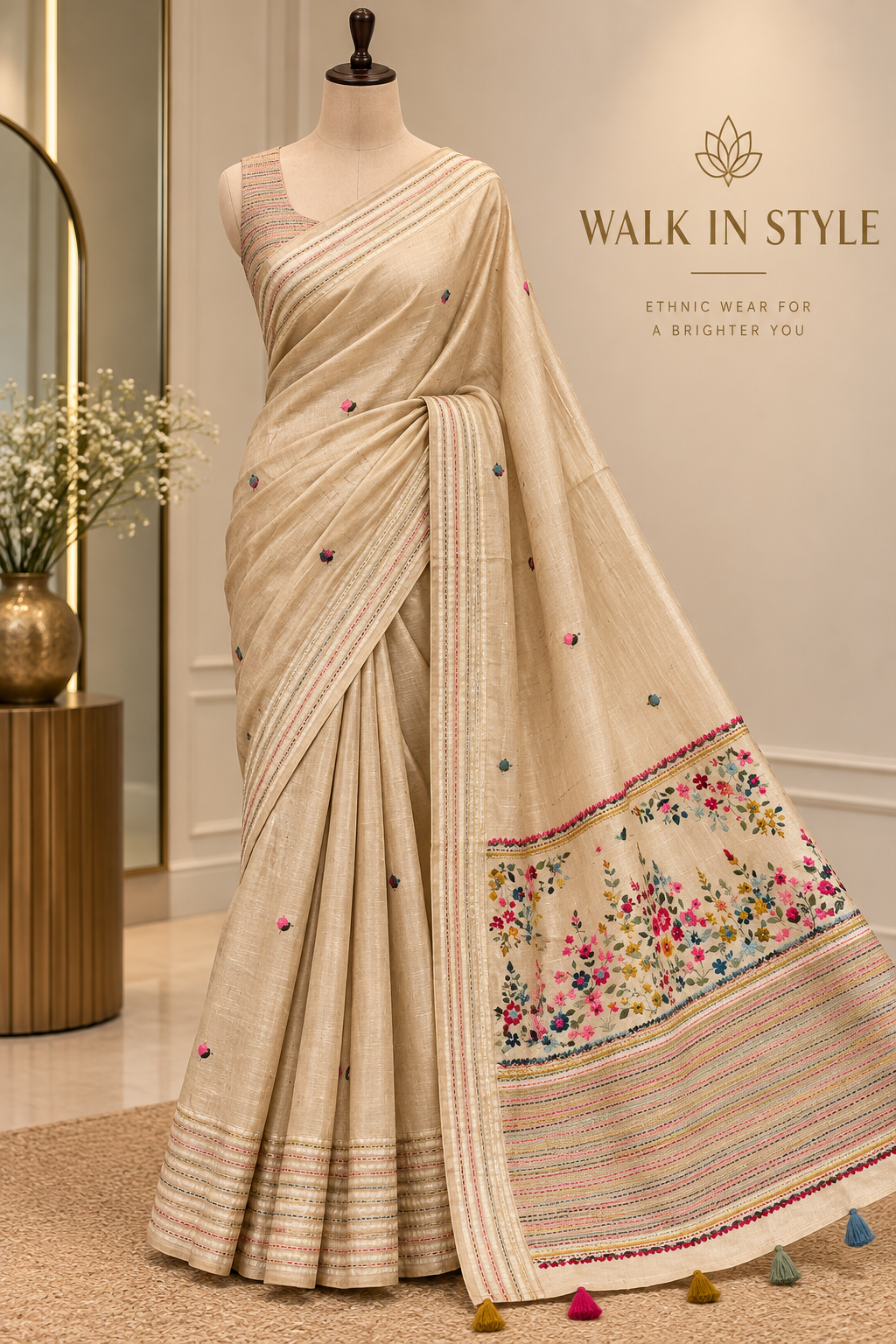 Tussar Bloom – Multicolour Threadwork Saree