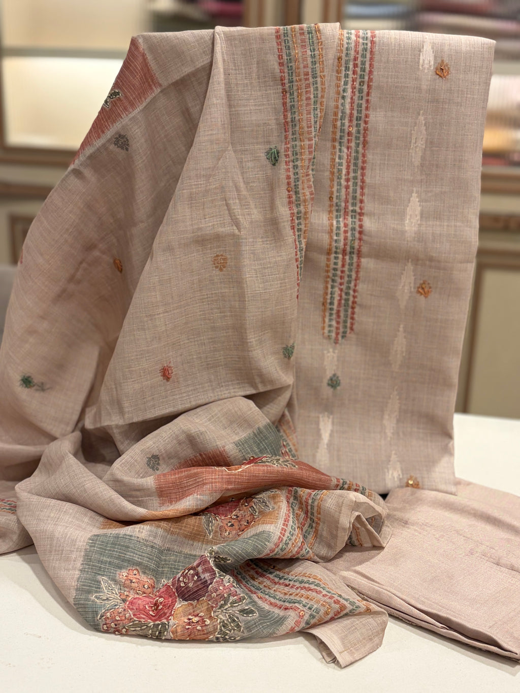 Pure Maheshwari Jamdani Woven Suit Set