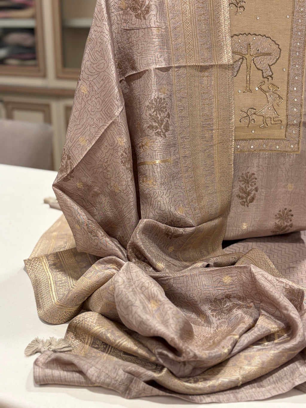 Pure Maheshwari Banarasi Woven Suit Set with Designer Neck & Dupatta