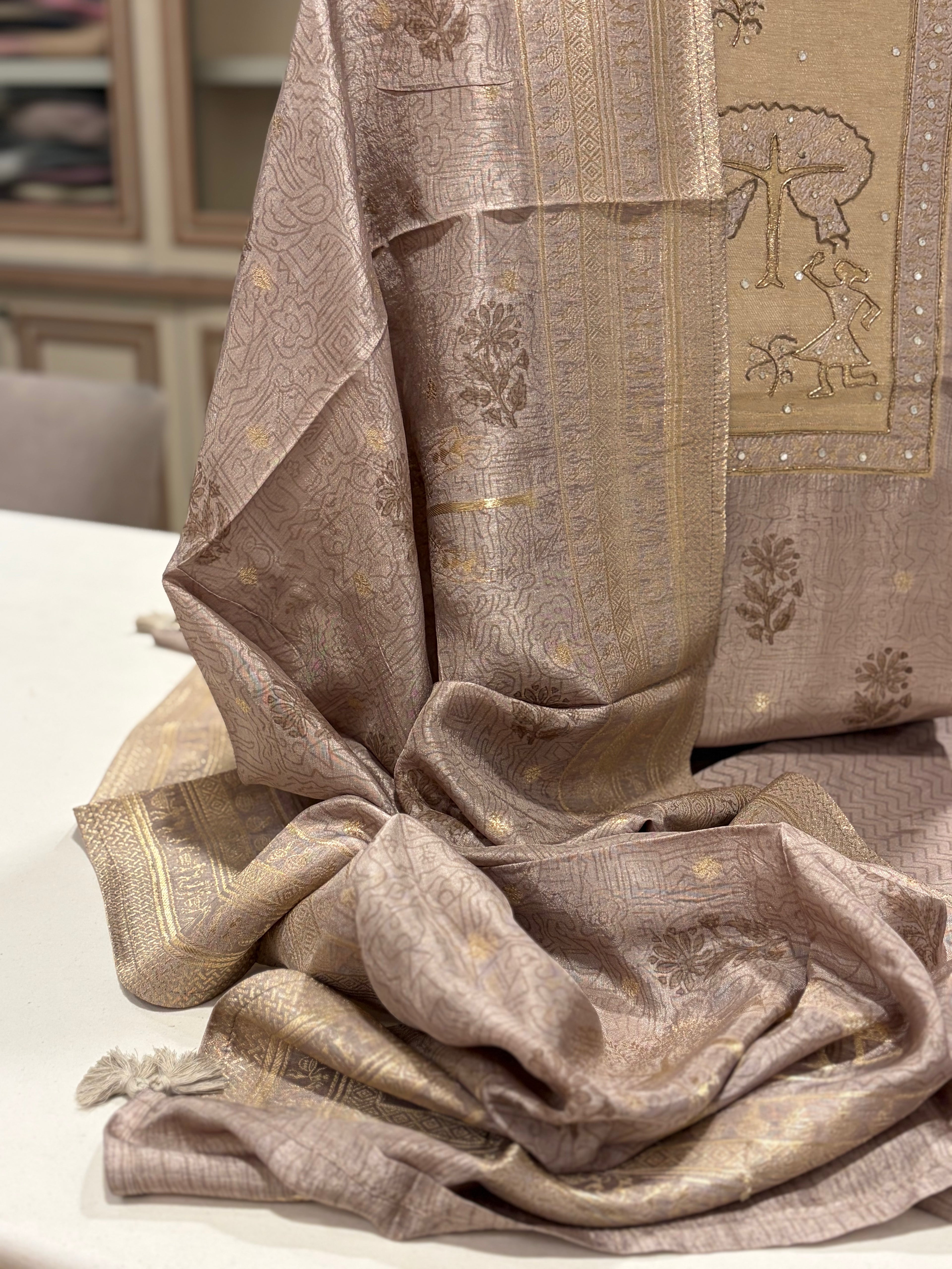 Pure Maheshwari Banarasi Woven Suit Set with Designer Neck & Dupatta
