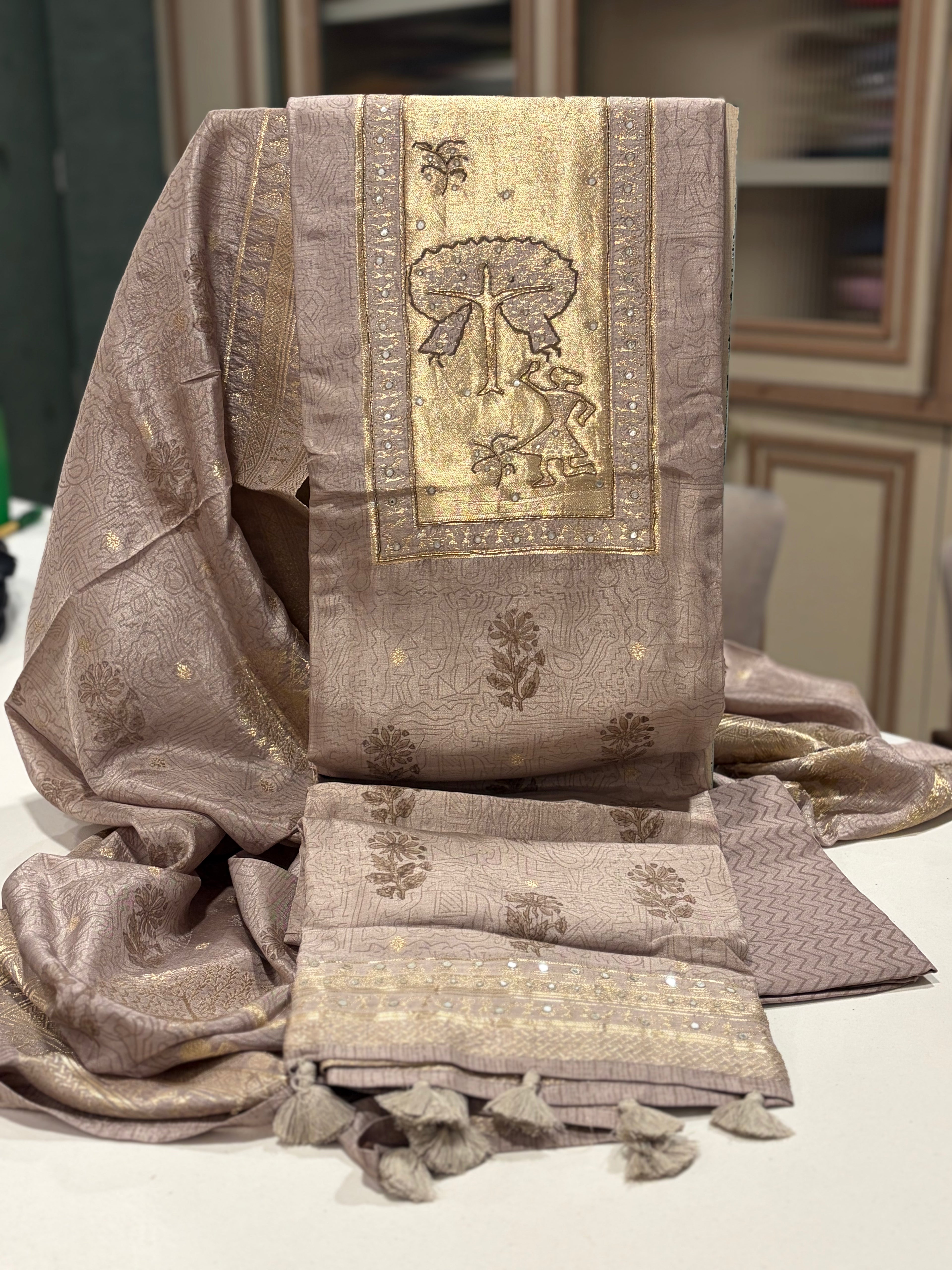 Pure Maheshwari Banarasi Woven Suit Set with Designer Neck & Dupatta