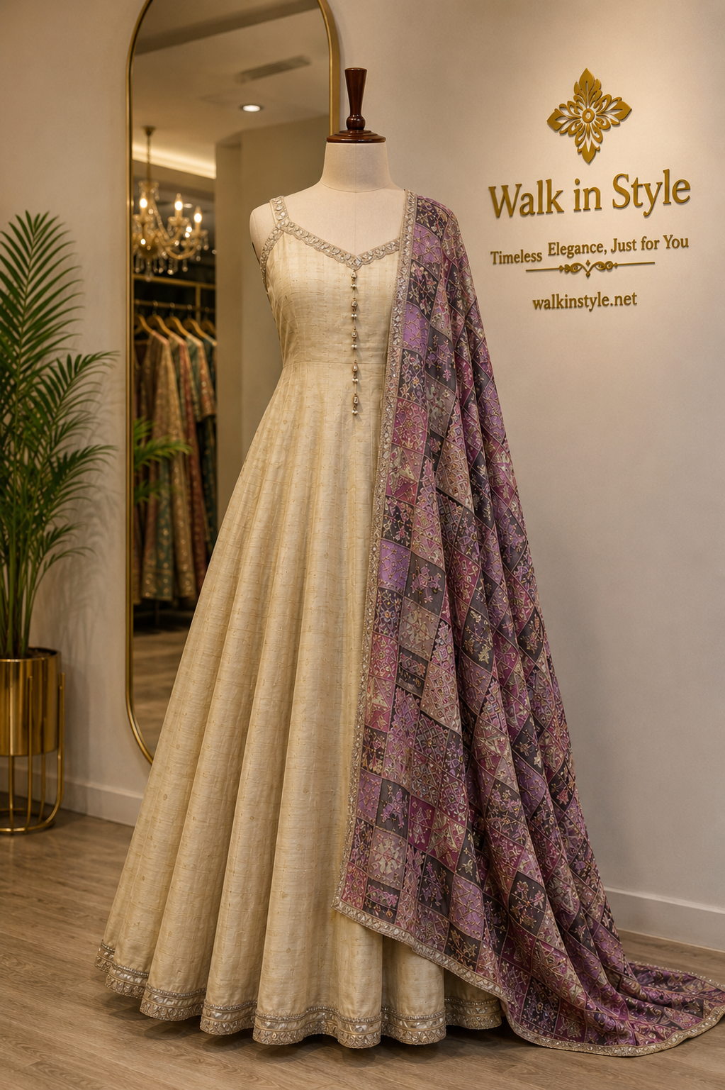 Regal Cream Anarkali with Printed Embroidered Dupatta