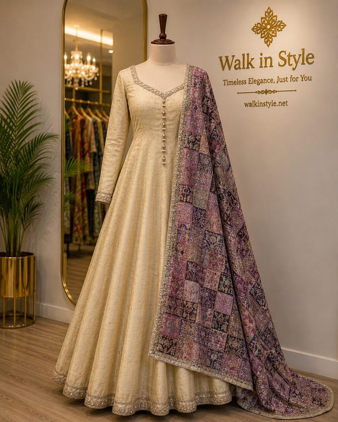 Regal Cream Anarkali with Printed Embroidered Dupatta