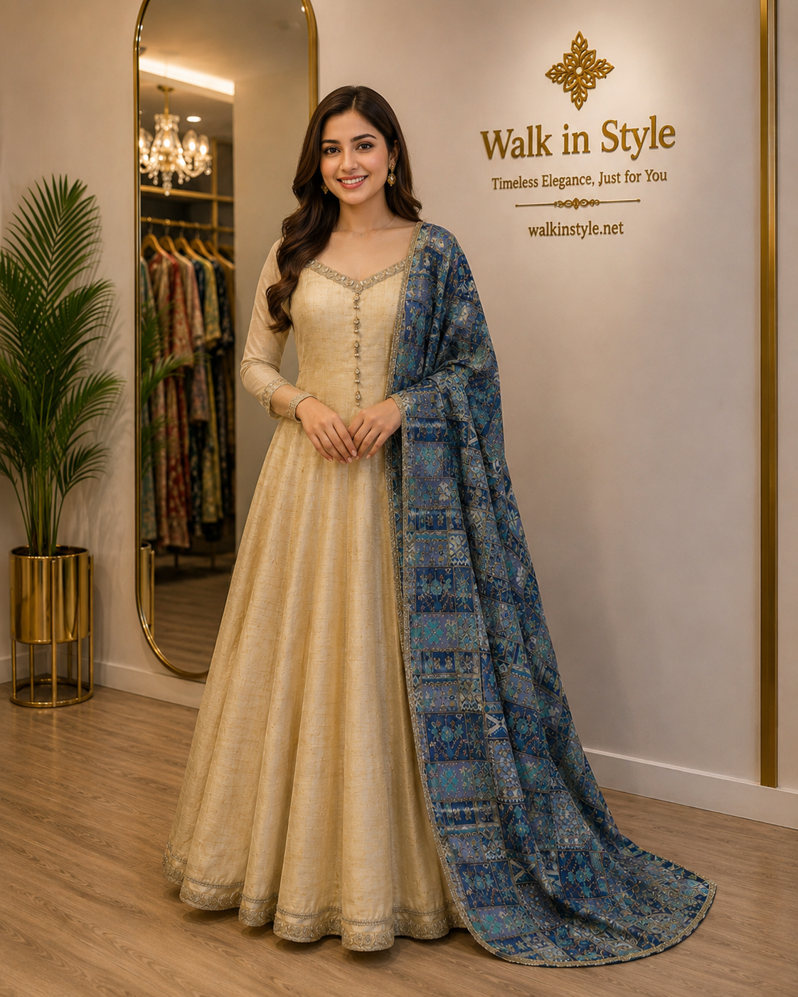 Regal Cream Anarkali with Printed Embroidered Dupatta