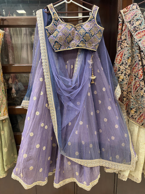 Crushed Chinnon Zari Stitched Lehenga Set