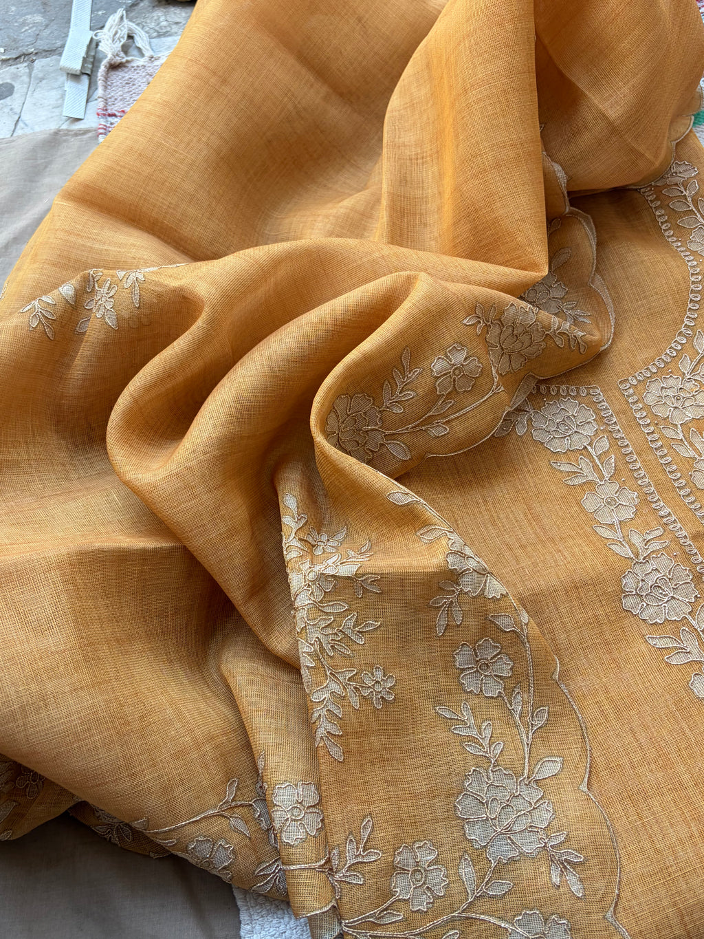 Premium Linen Maheshwari Embroidered Unstitched Suit Set