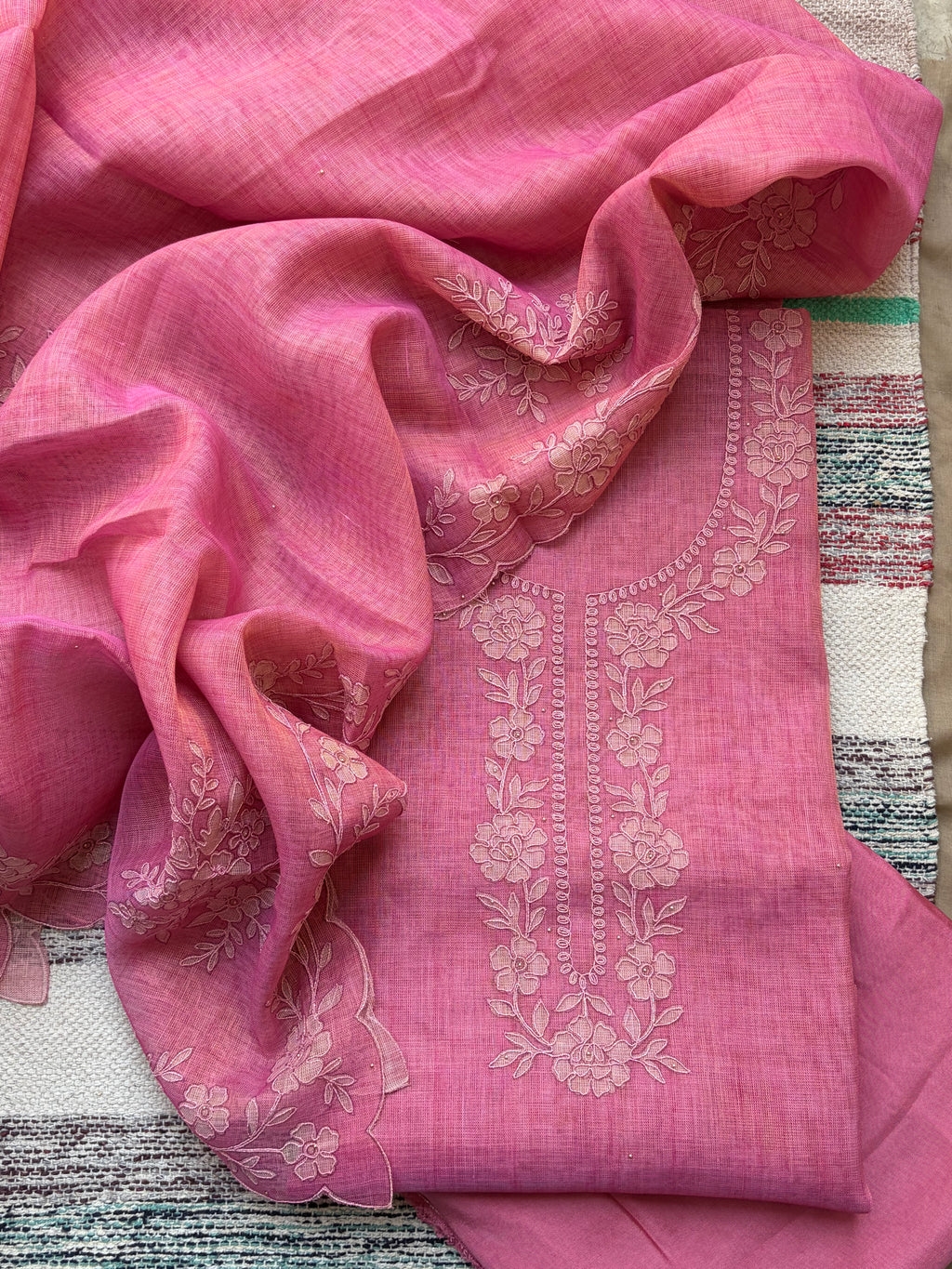 Premium Linen Maheshwari Embroidered Unstitched Suit Set