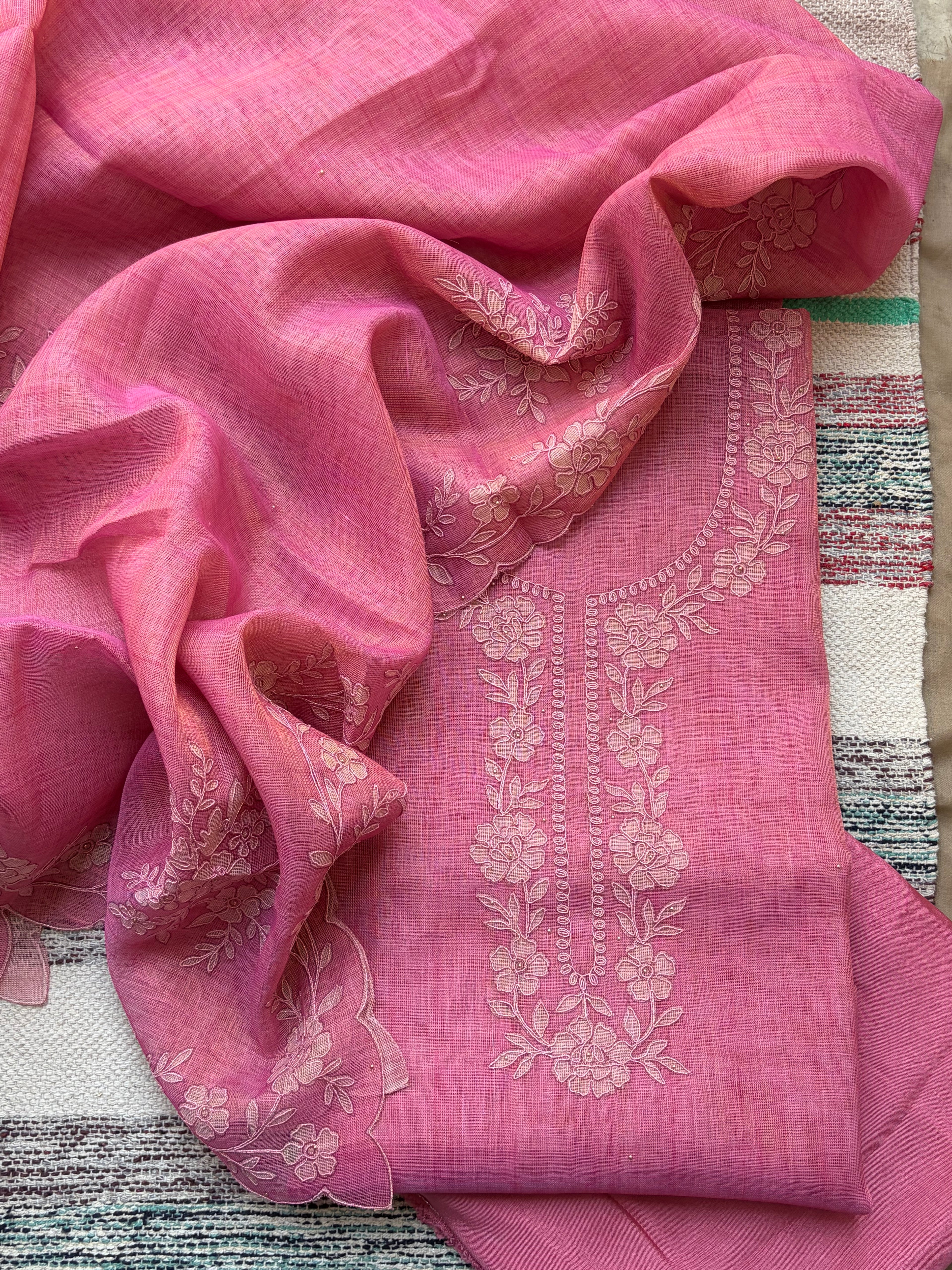 Premium Linen Maheshwari Embroidered Unstitched Suit Set
