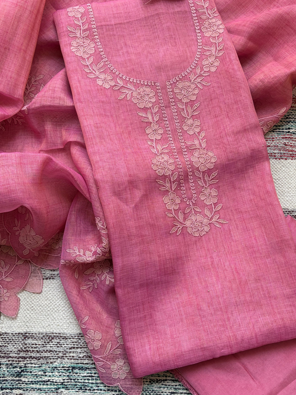 Premium Linen Maheshwari Embroidered Unstitched Suit Set