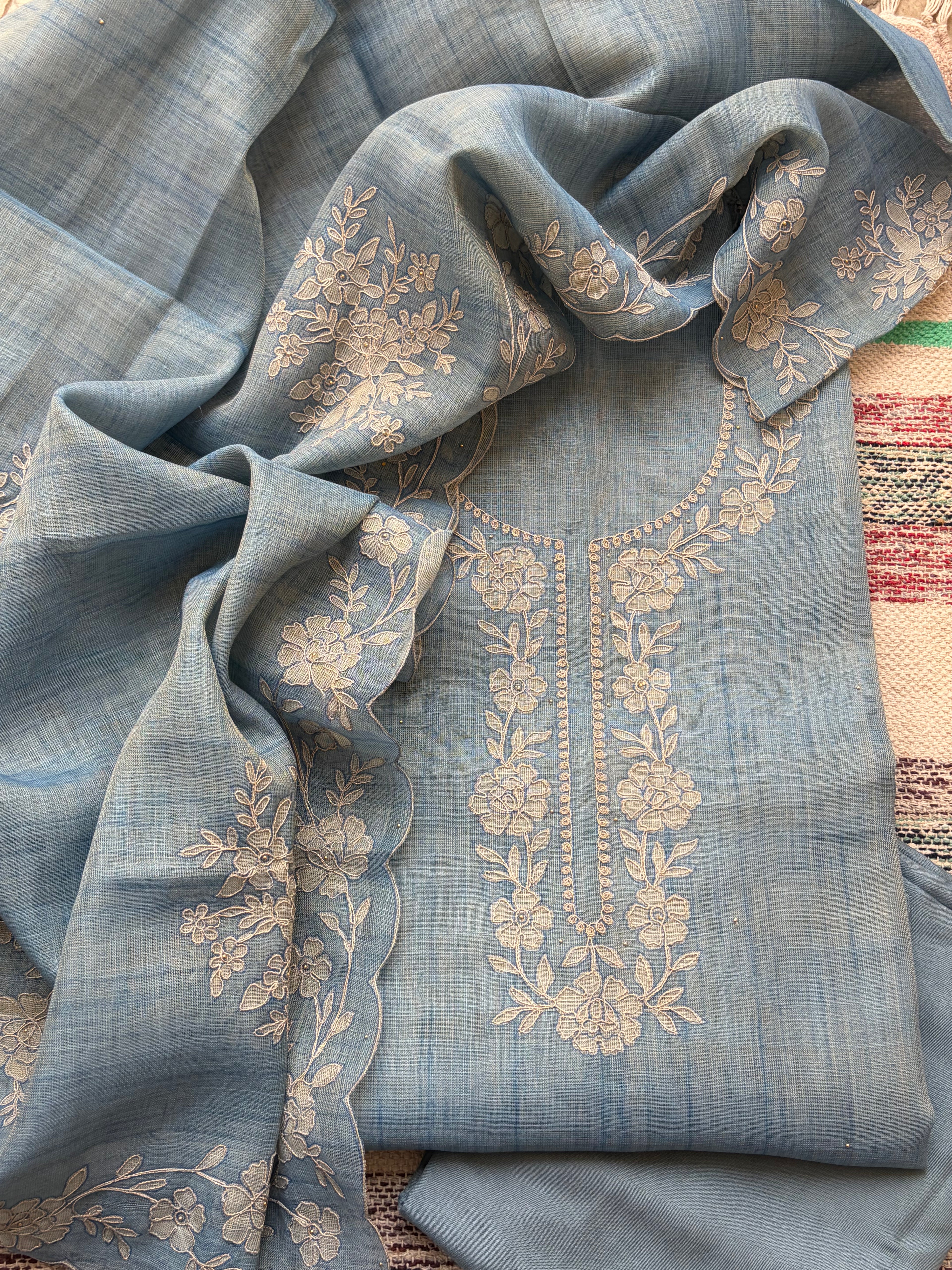 Premium Linen Maheshwari Embroidered Unstitched Suit Set