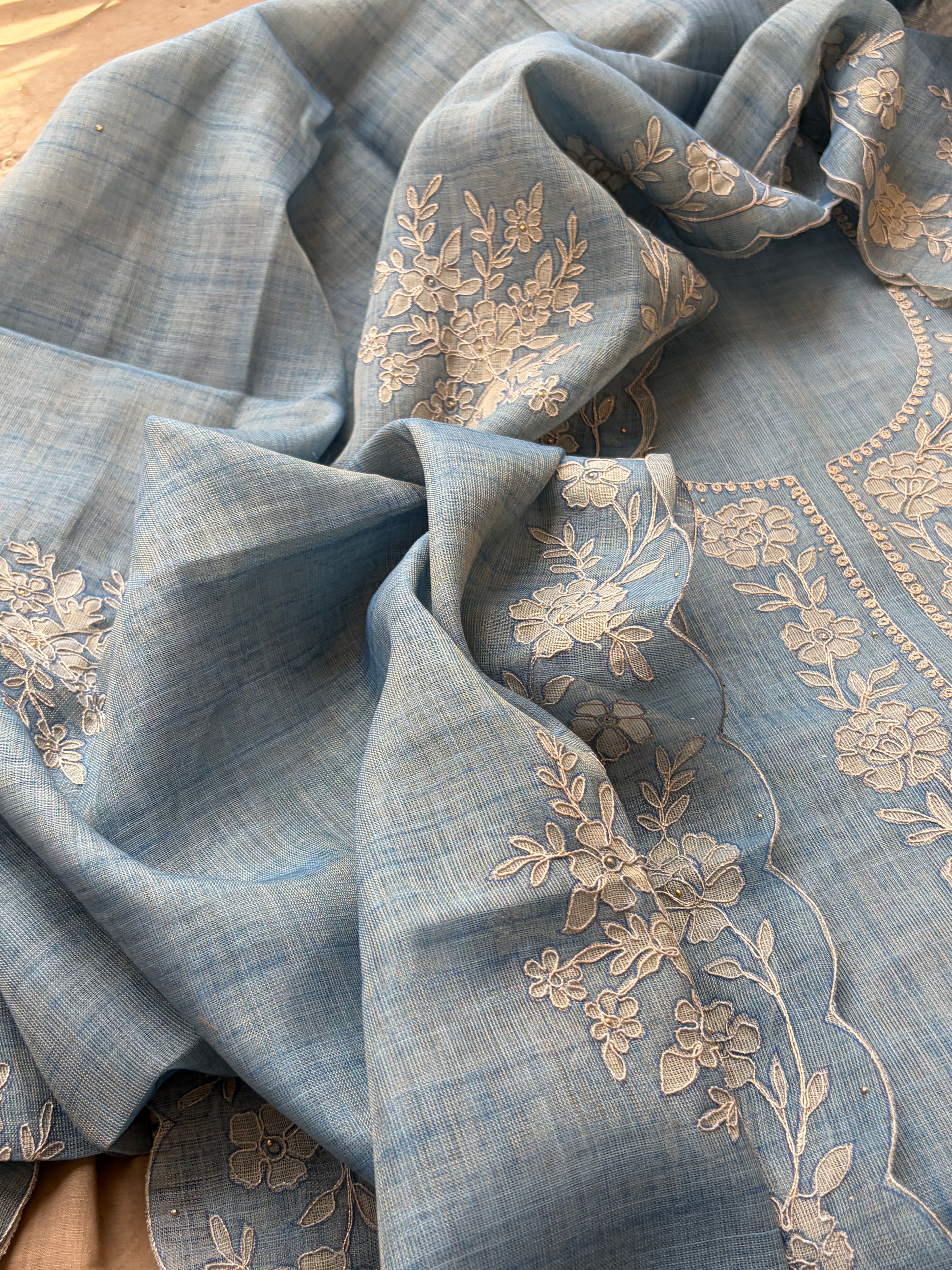Premium Linen Maheshwari Embroidered Unstitched Suit Set