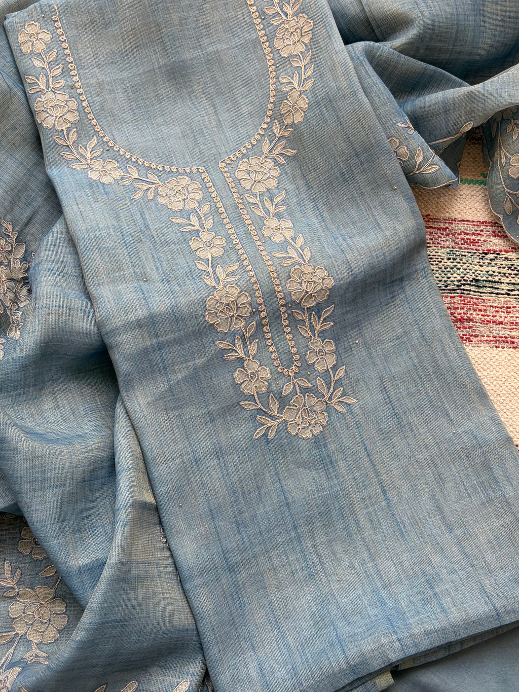 Premium Linen Maheshwari Embroidered Unstitched Suit Set