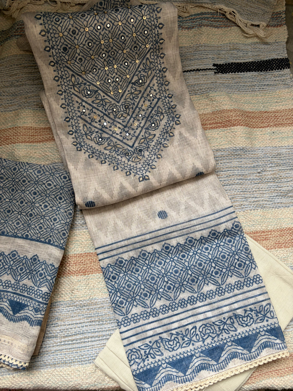 Premium Kota Cotton Unstitched Suit Set – Ivory & Indigo Blue