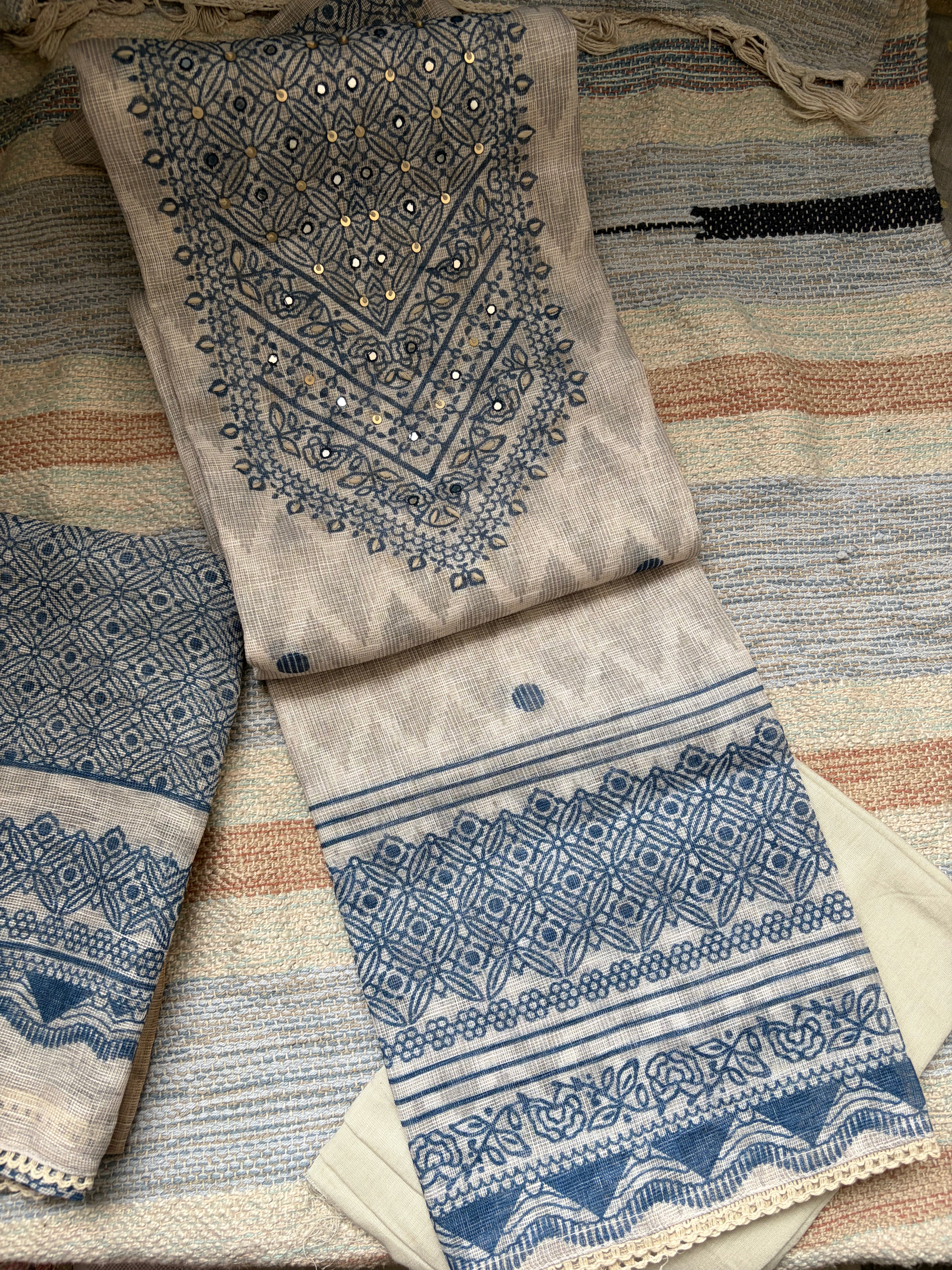 Premium Kota Cotton Unstitched Suit Set – Ivory & Indigo Blue