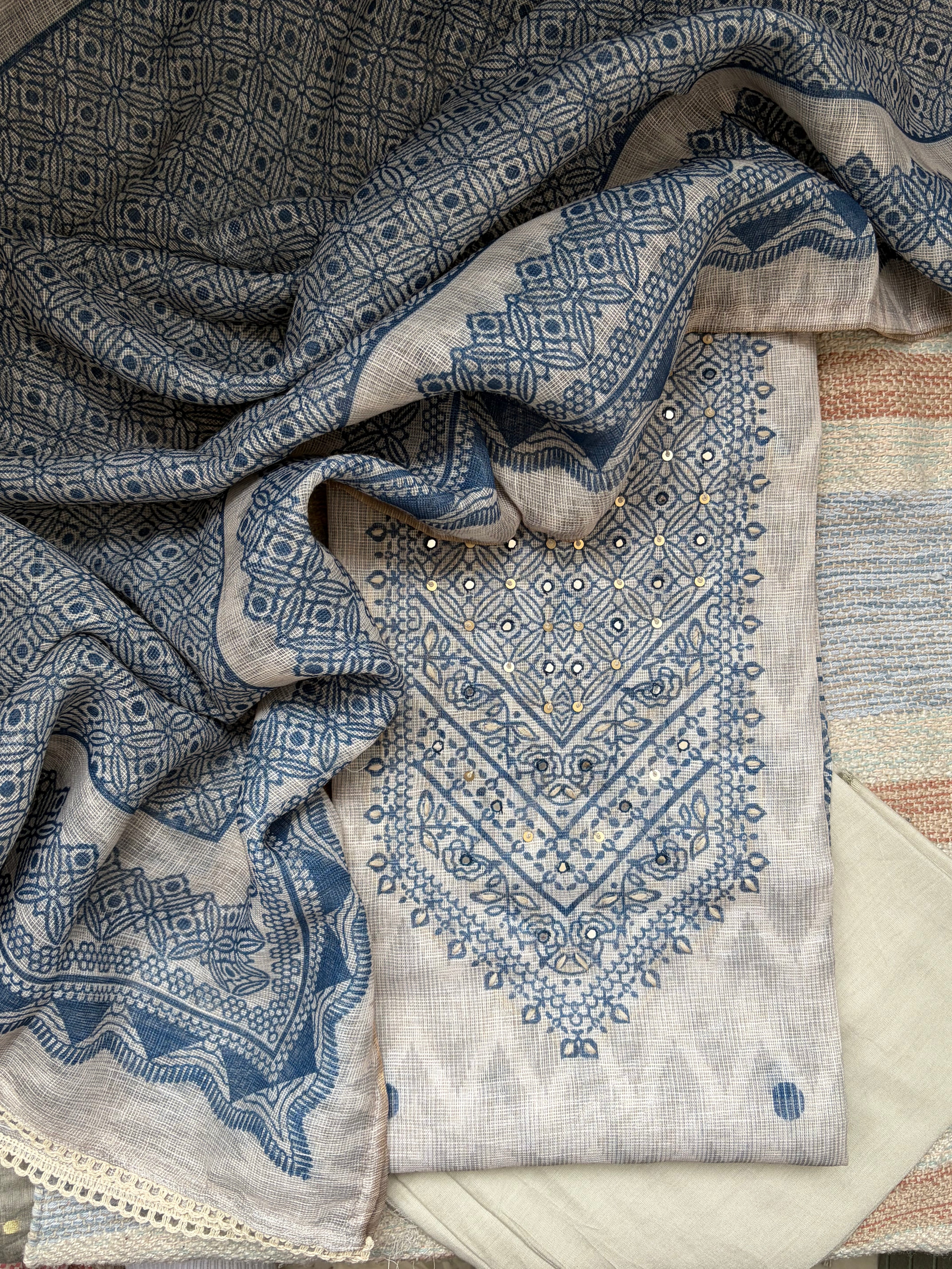 Premium Kota Cotton Unstitched Suit Set – Ivory & Indigo Blue