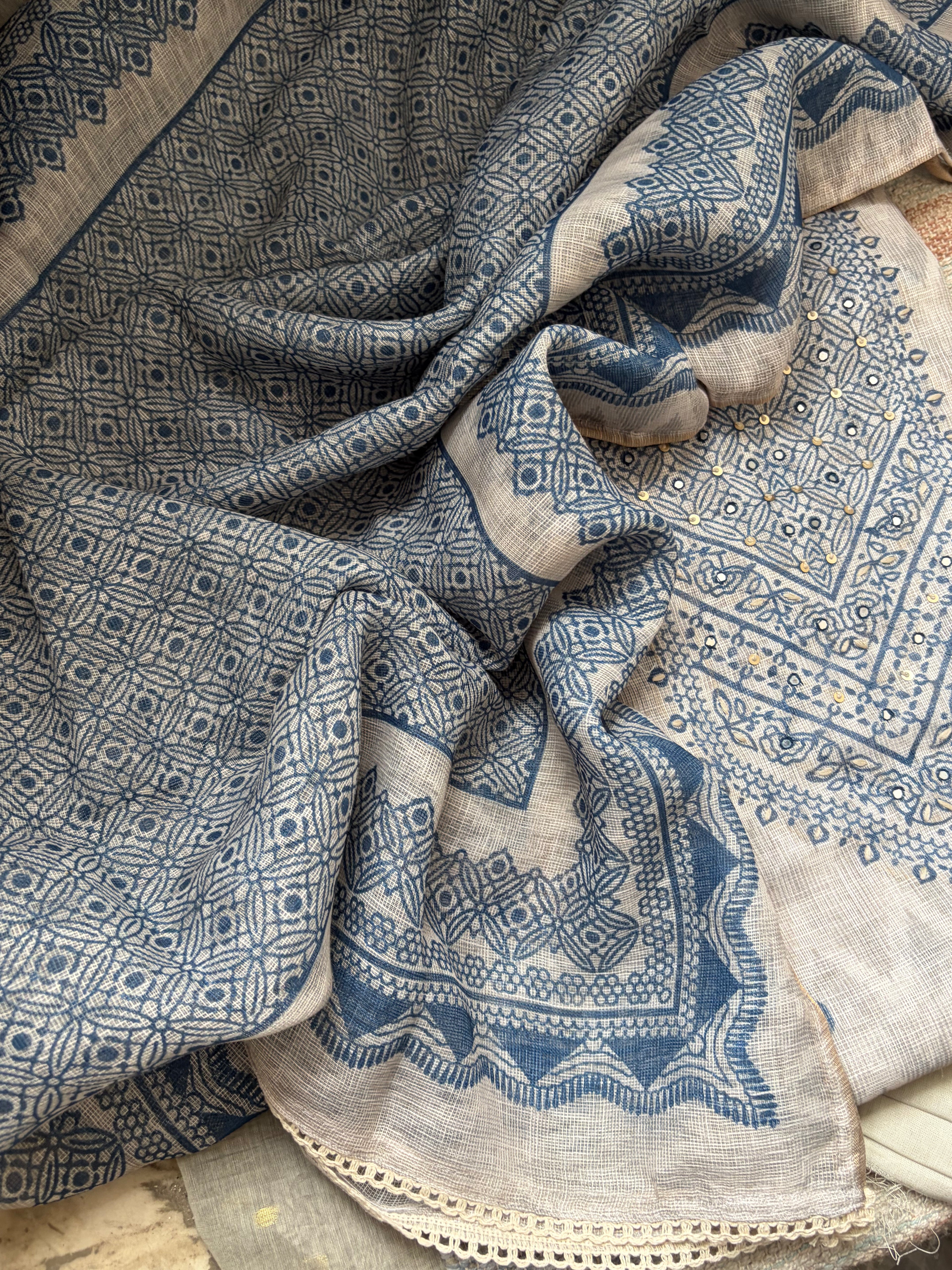 Premium Kota Cotton Unstitched Suit Set – Ivory & Indigo Blue