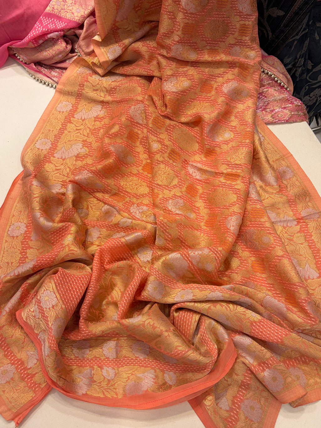 Royal Banarasi Georgette Gharchola Woven Saree- Peach