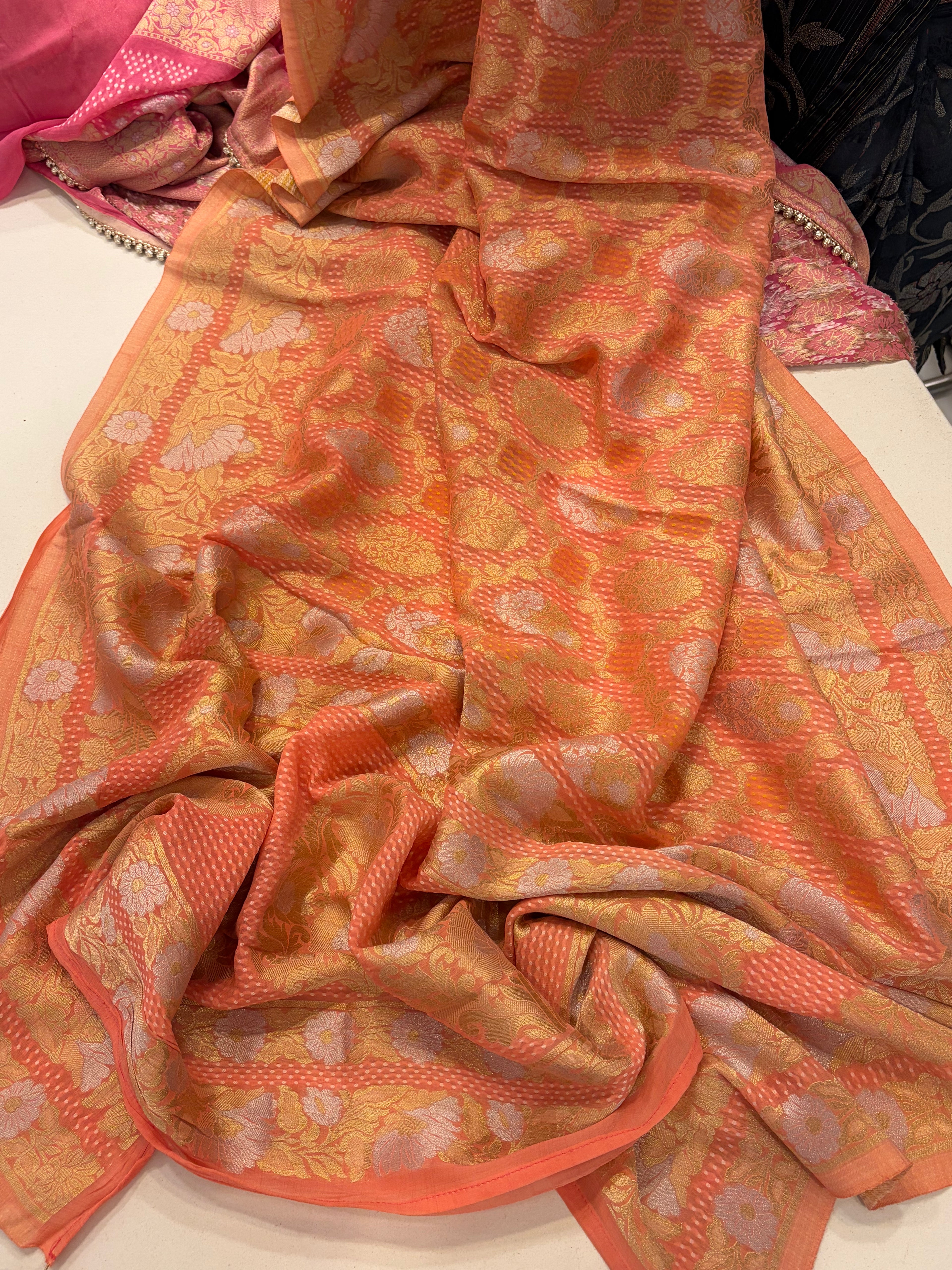 Royal Banarasi Georgette Gharchola Woven Saree- Peach