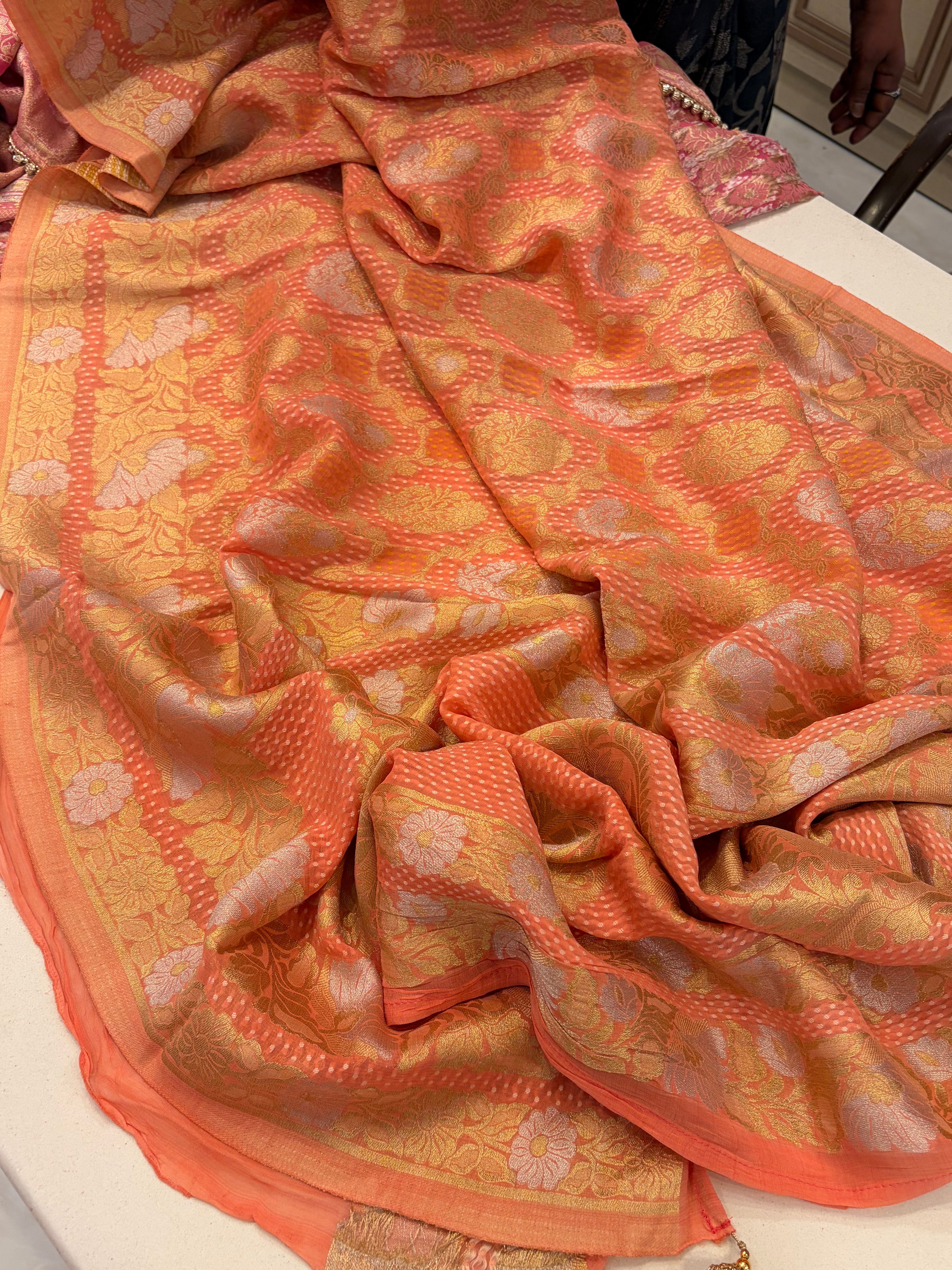 Royal Banarasi Georgette Gharchola Woven Saree- Peach