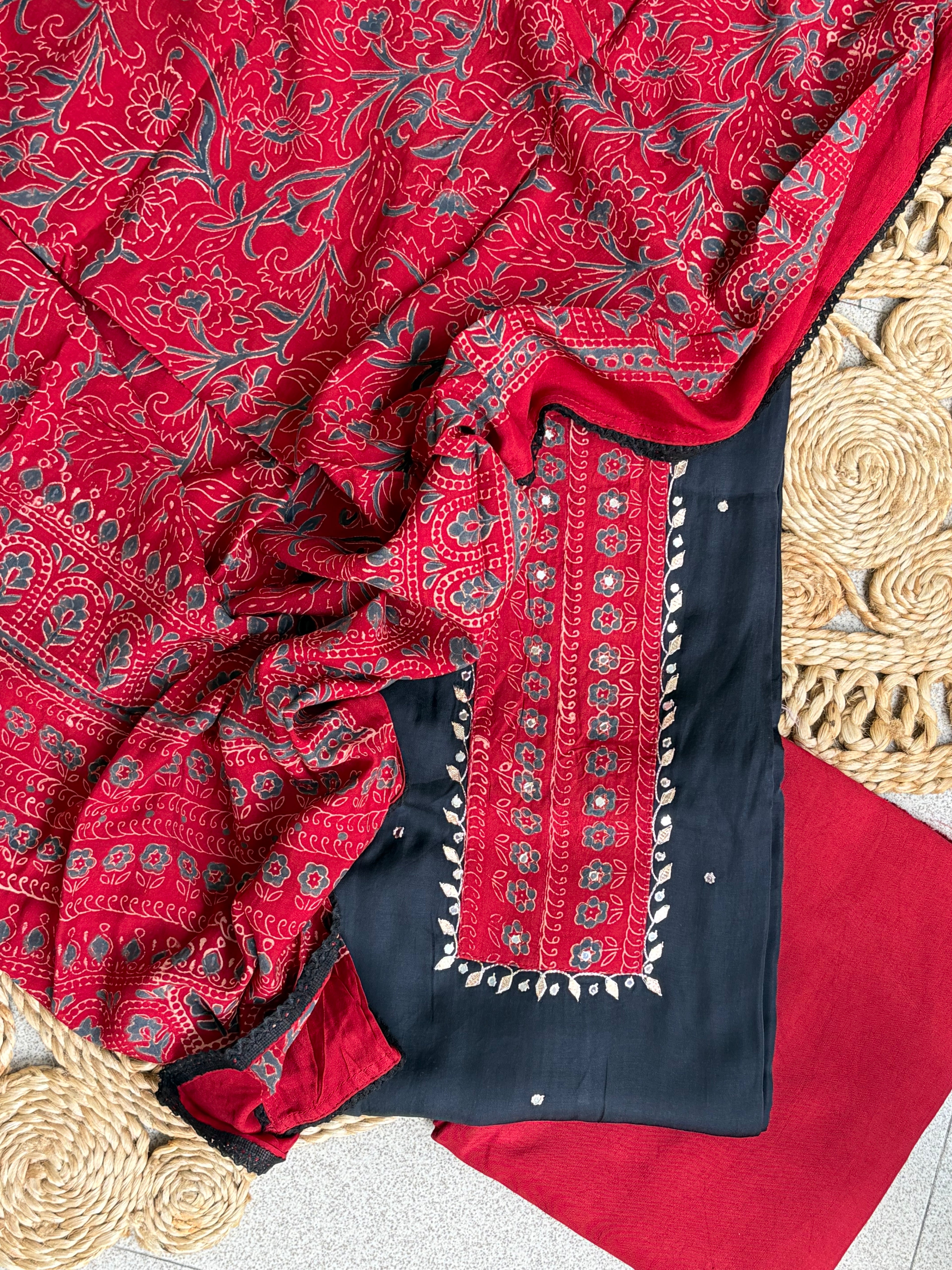 Midnight Black Modal Suit Set with Floral Print Dupatta