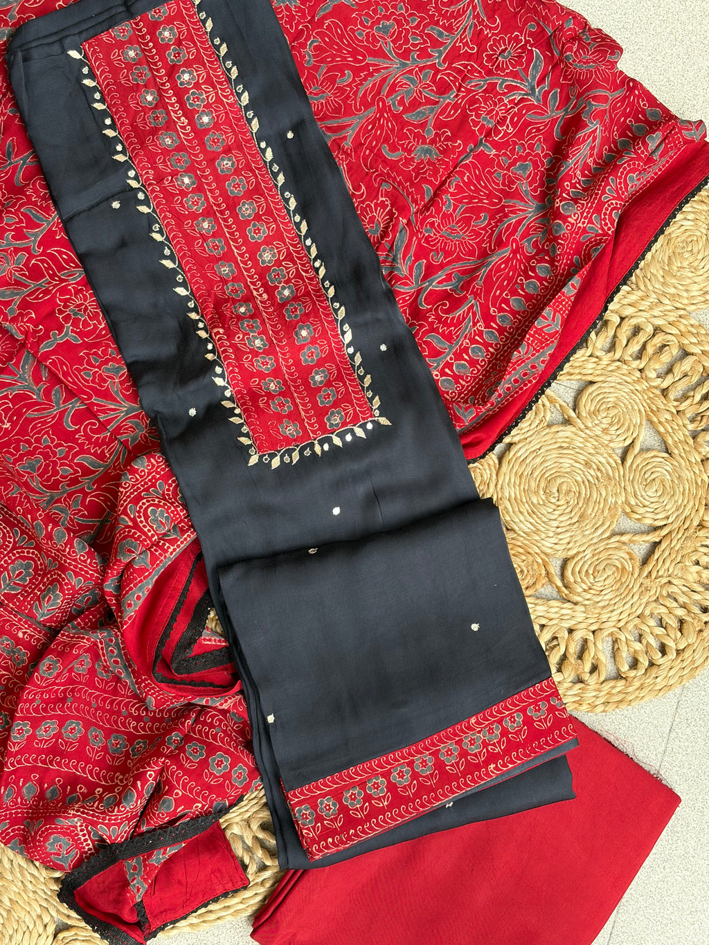 Midnight Black Modal Suit Set with Floral Print Dupatta