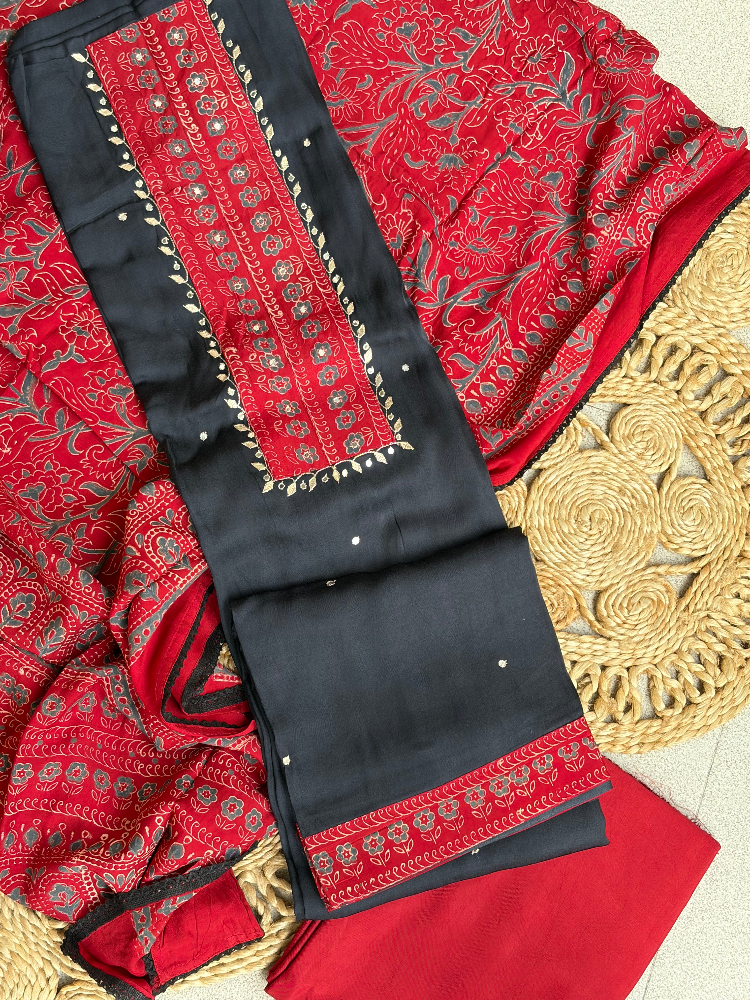 Midnight Black Modal Suit Set with Floral Print Dupatta