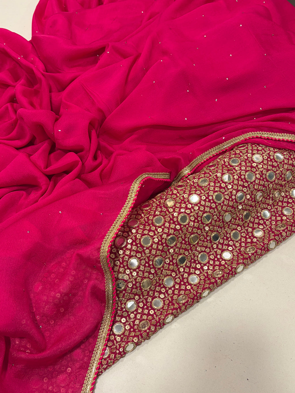 Coral Pink Mukaish Work Saree with Heavy Designer Unstitched Blouse