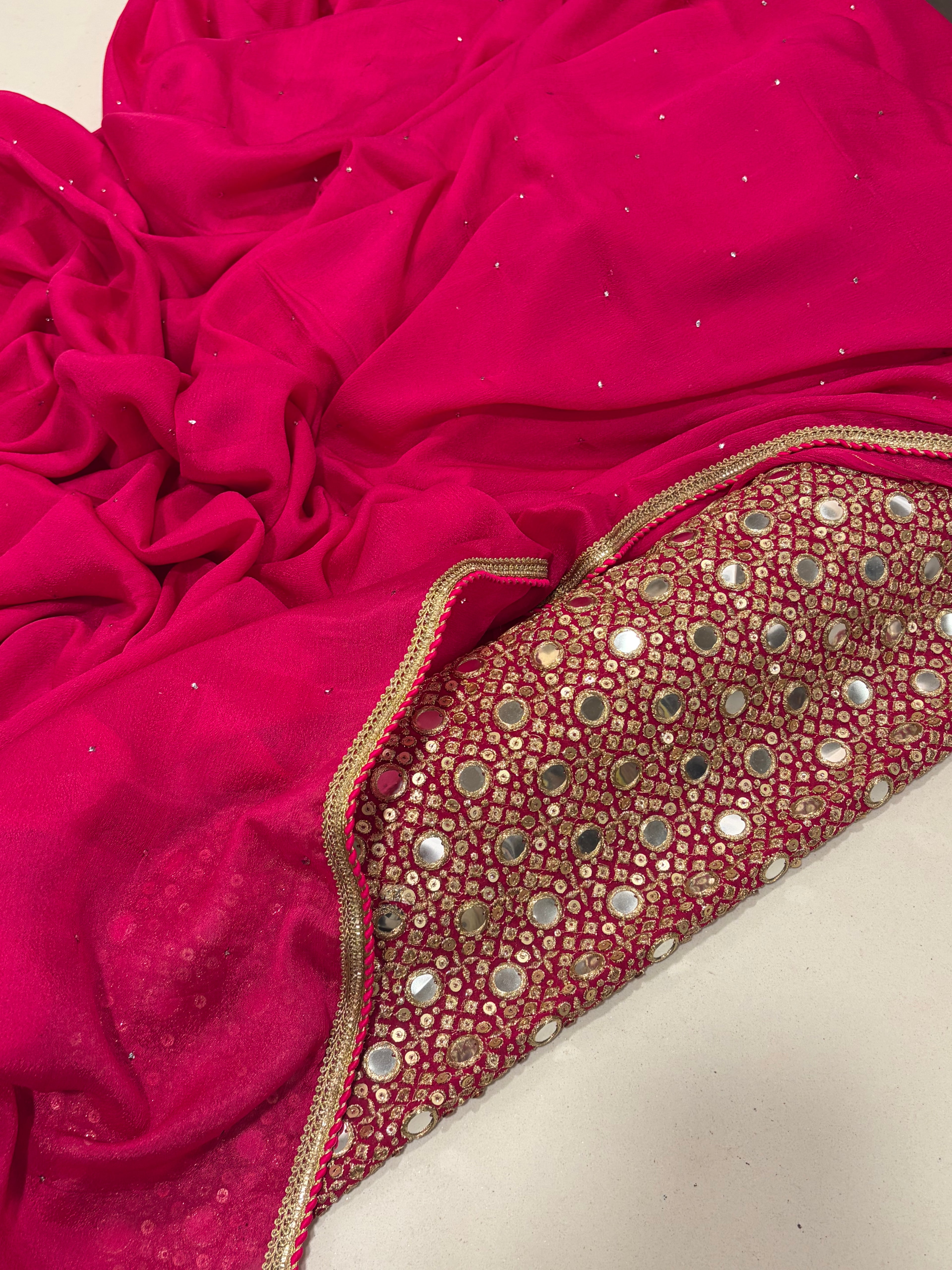 Coral Pink Mukaish Work Saree with Heavy Designer Unstitched Blouse