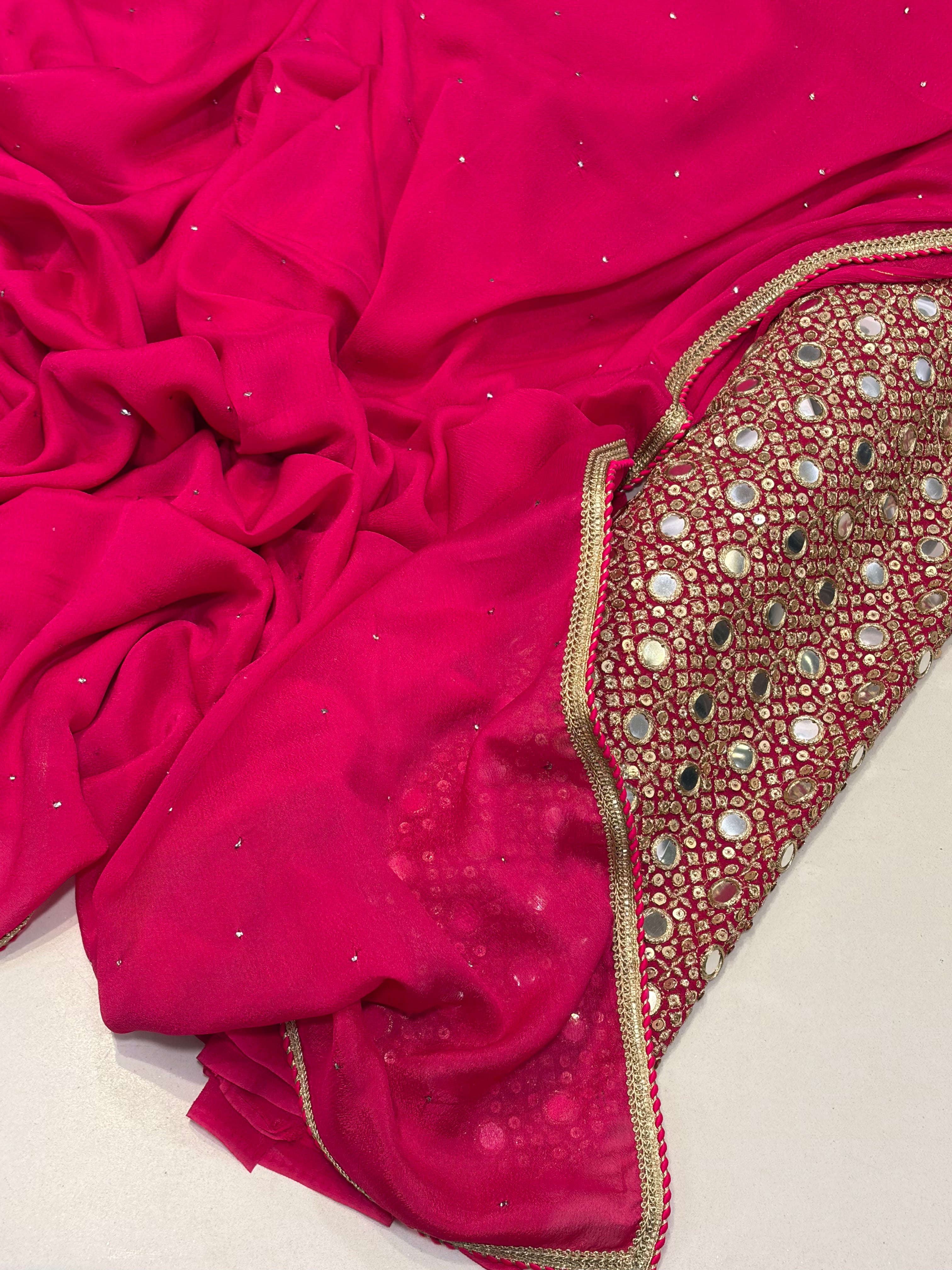 Coral Pink Mukaish Work Saree with Heavy Designer Unstitched Blouse