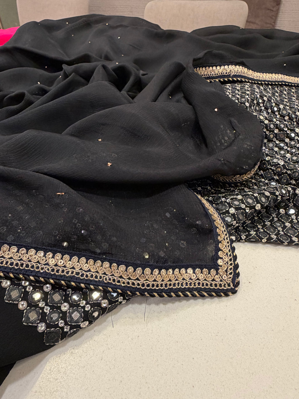 Classic Black Mukaish Work Saree with Heavy Unstitched Blouse