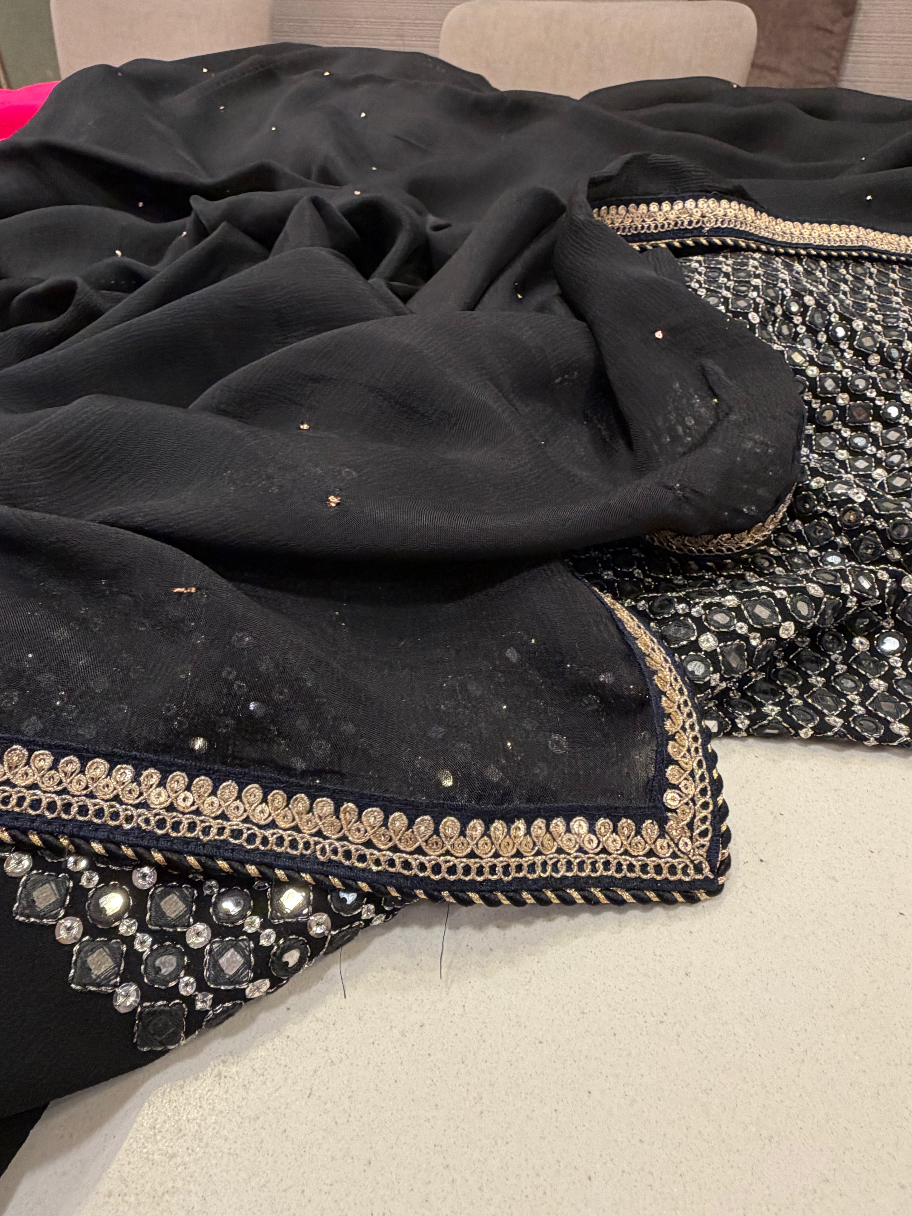 Classic Black Mukaish Work Saree with Heavy Unstitched Blouse