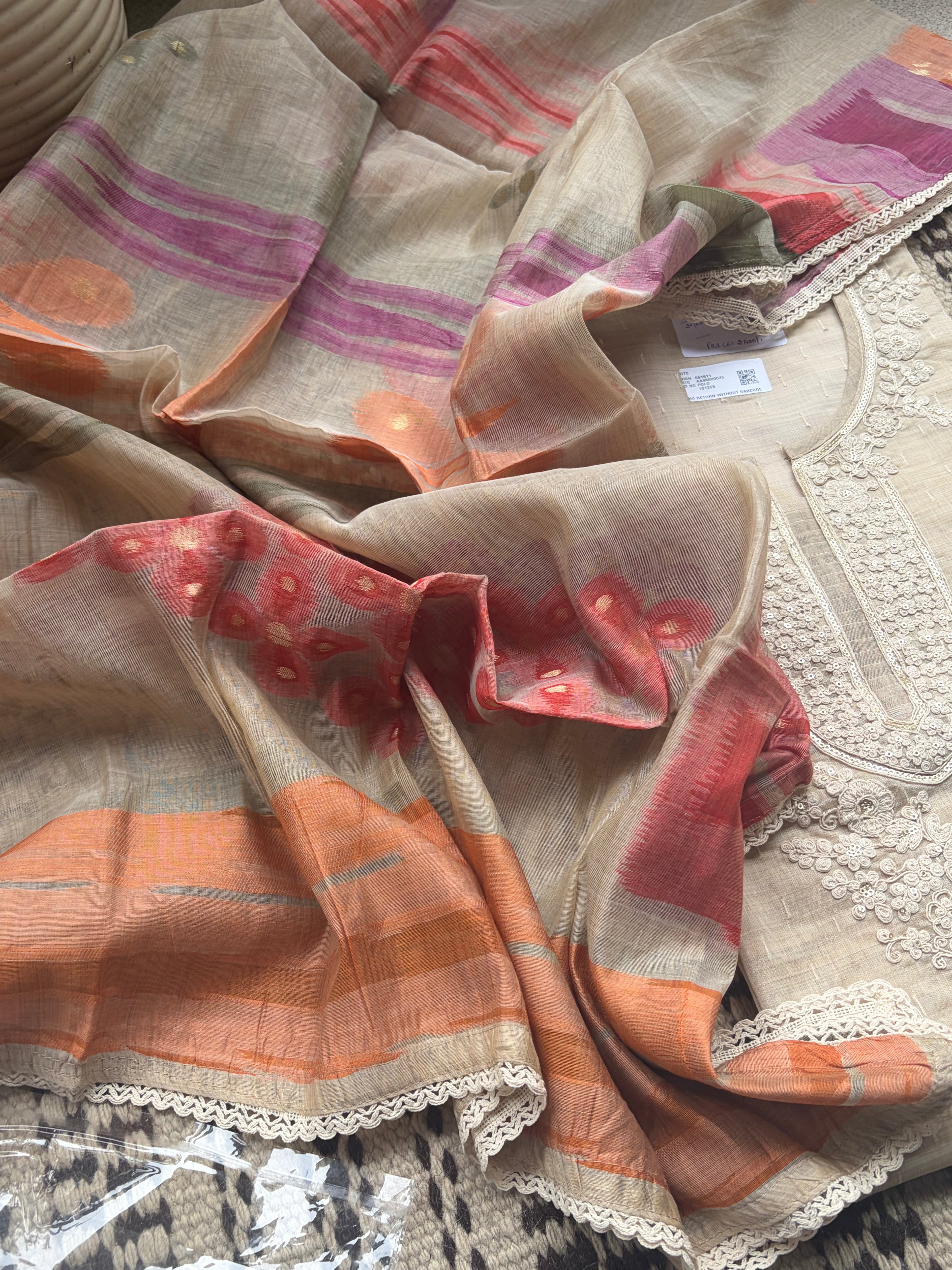 Maheshwari Unstitched Suit Set with Threadwork Neck & Jamdani Dupatta