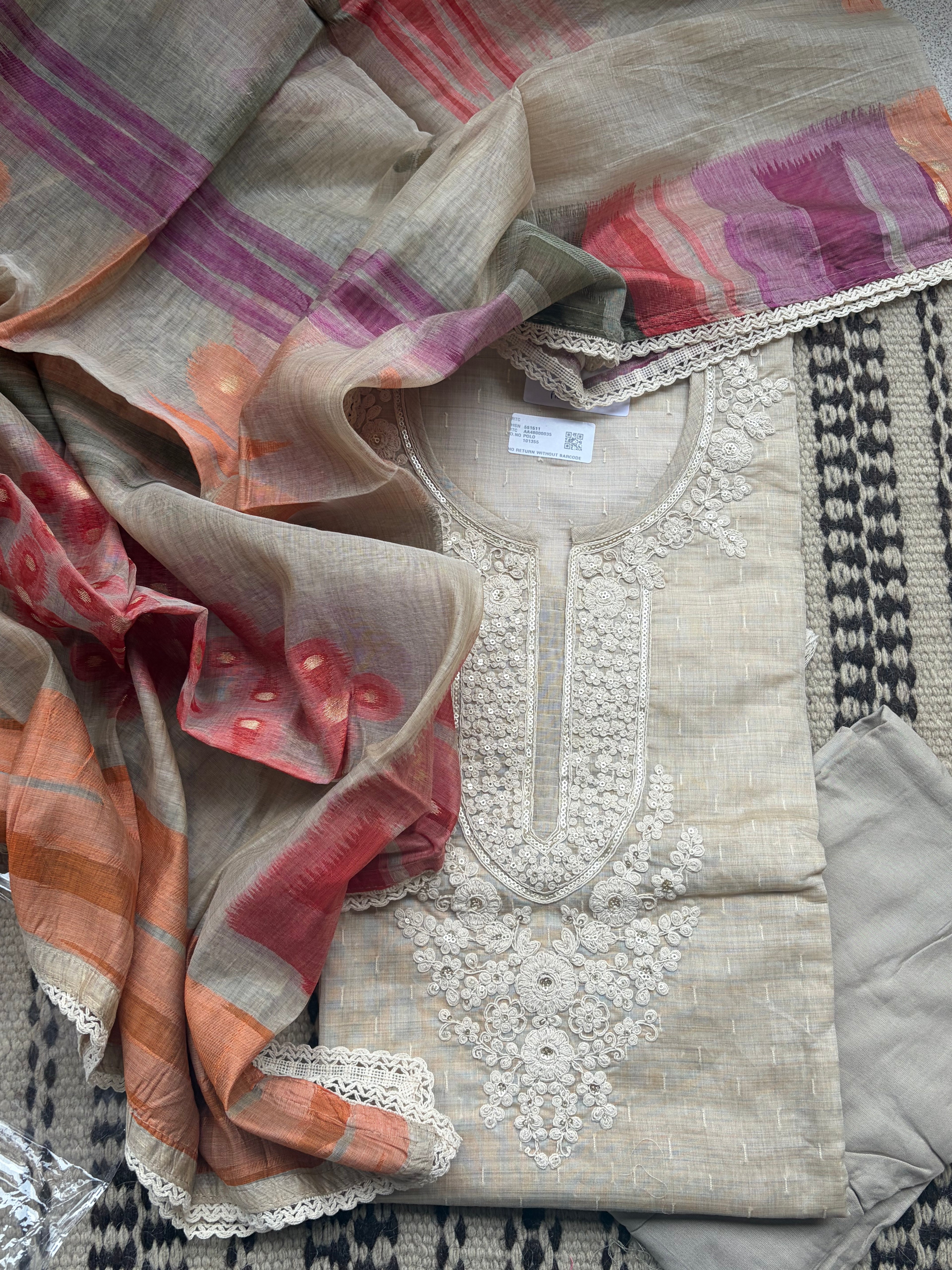 Maheshwari Unstitched Suit Set with Threadwork Neck & Jamdani Dupatta