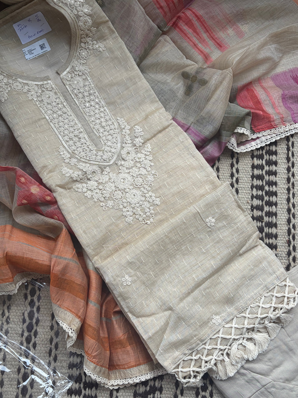 Maheshwari Unstitched Suit Set with Threadwork Neck & Jamdani Dupatta