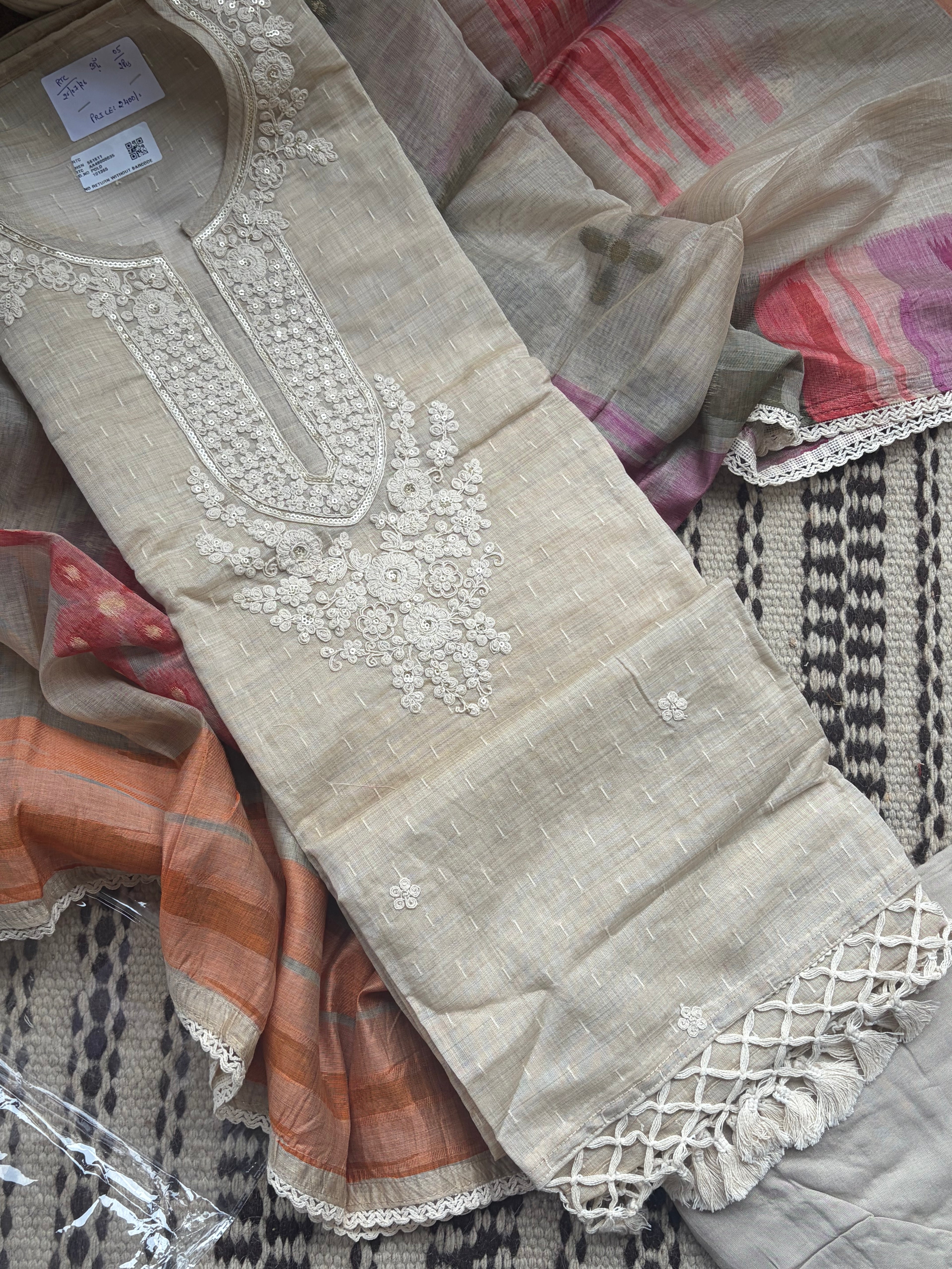 Maheshwari Unstitched Suit Set with Threadwork Neck & Jamdani Dupatta